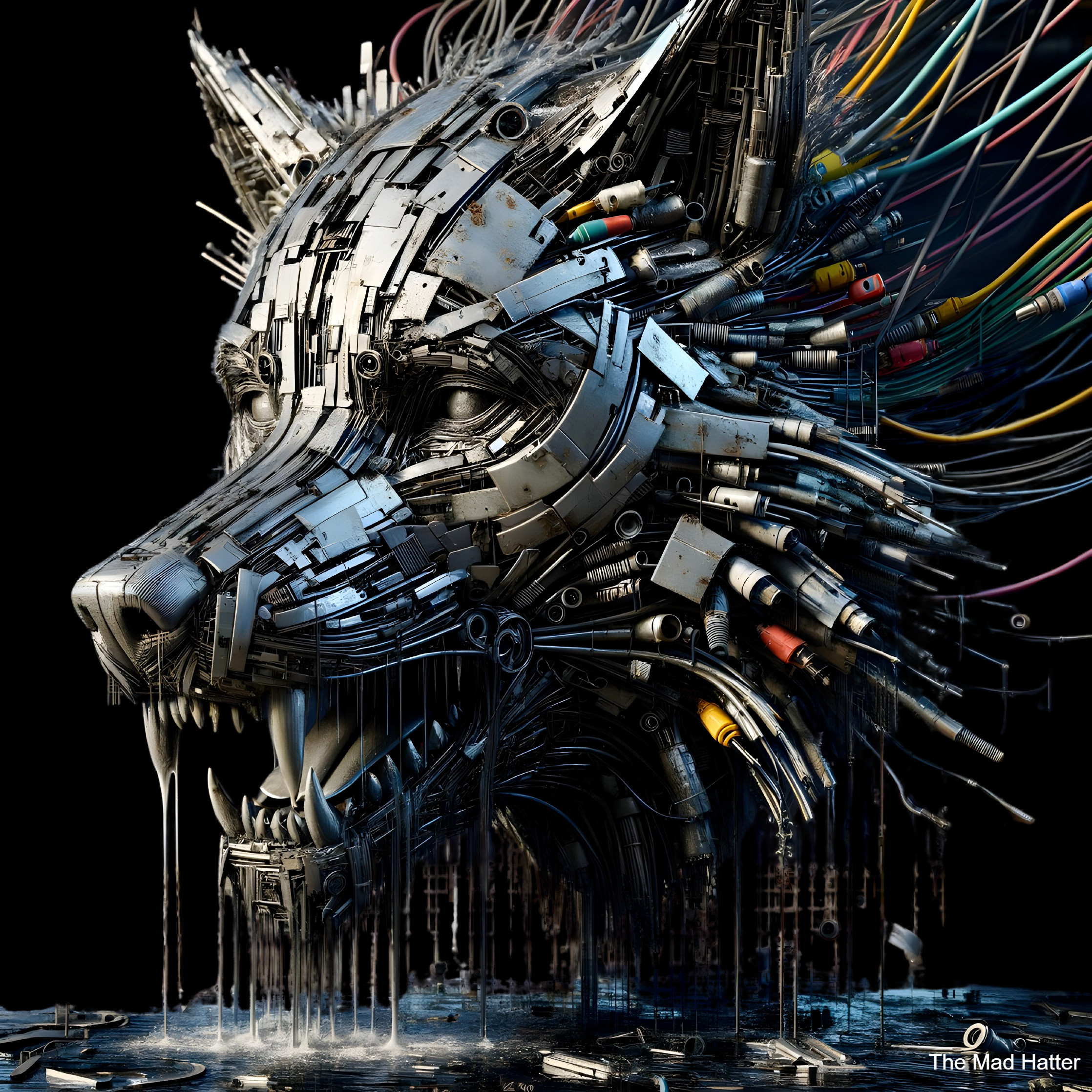 Metallic Wolf Head with Intricate Mechanical Design