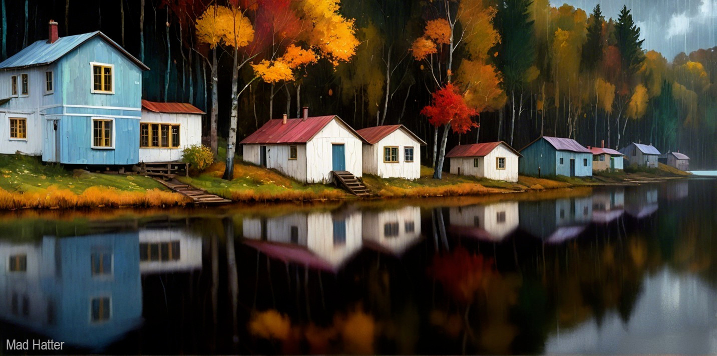 Charming Cottages by a Calm Lake in Autumn Foliage