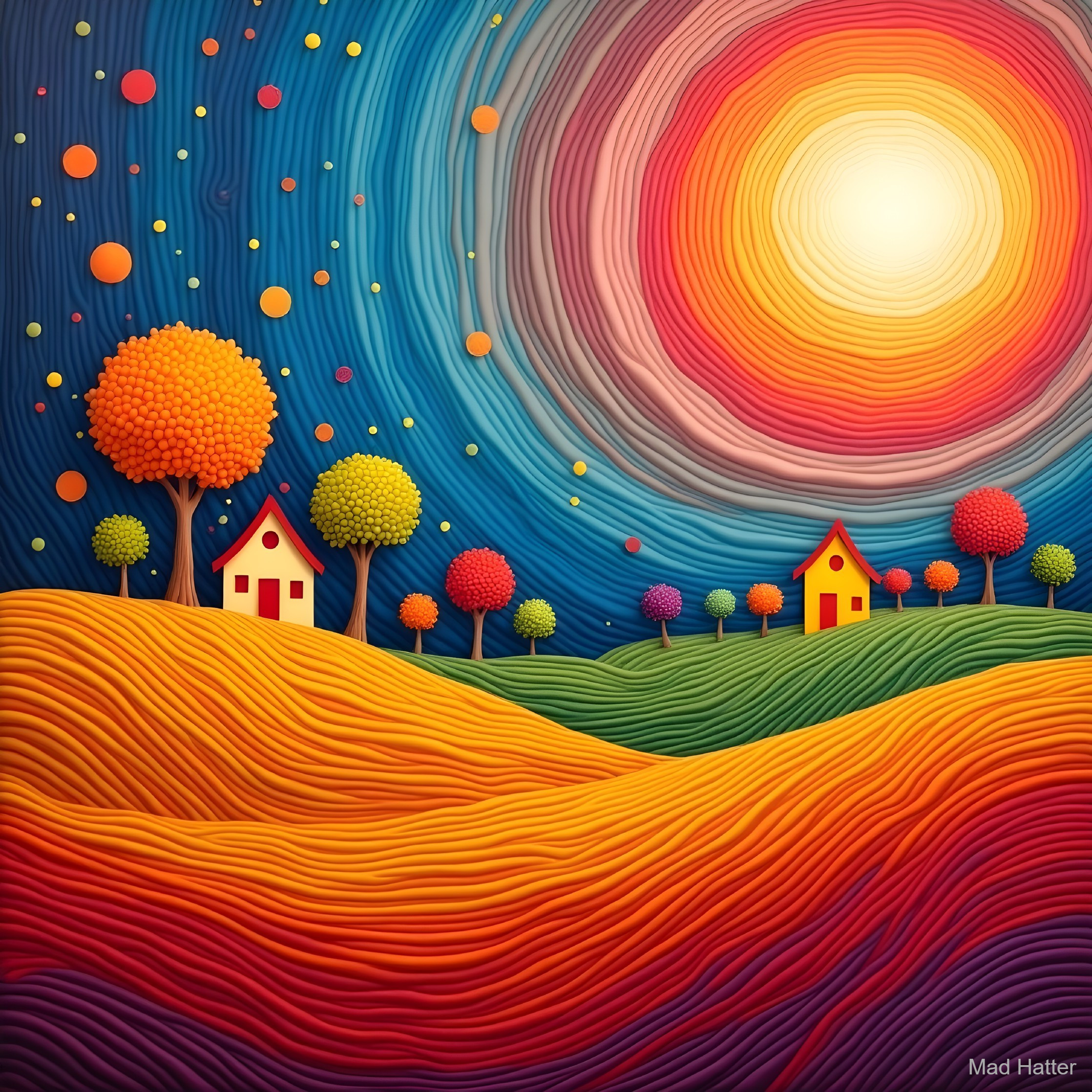 Vibrant landscape with colorful hills and whimsical sky