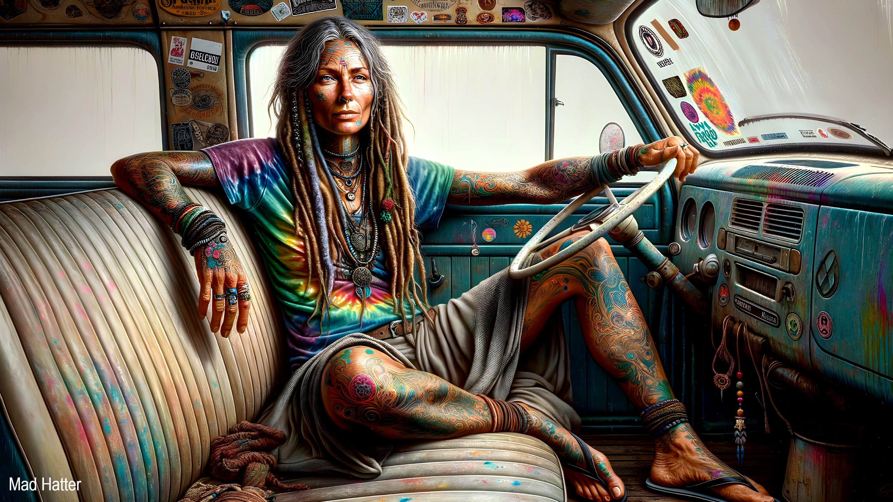 Woman with tattoos in a colorful vintage van setting