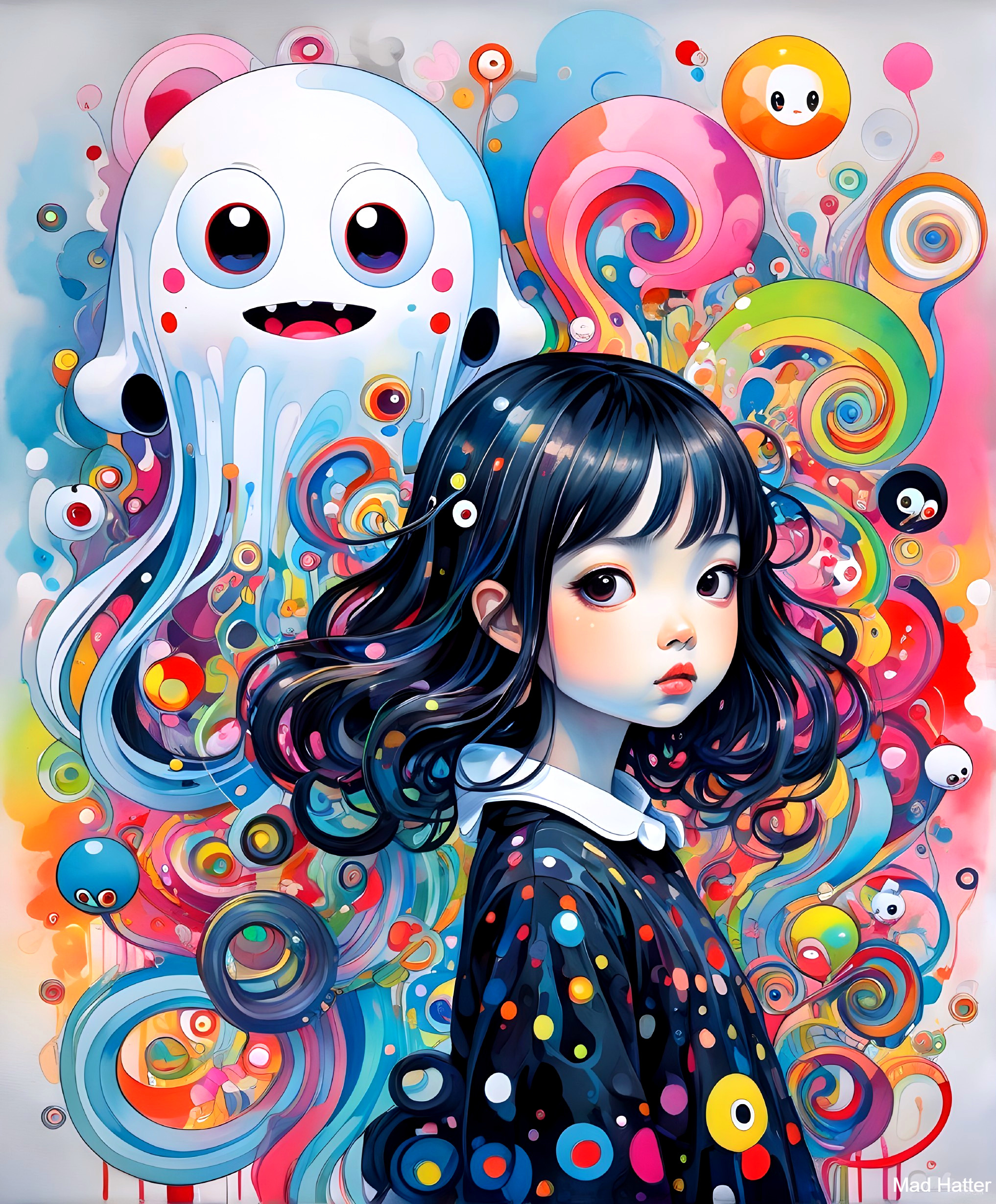 Whimsical illustration of girl with playful ghost backdrop