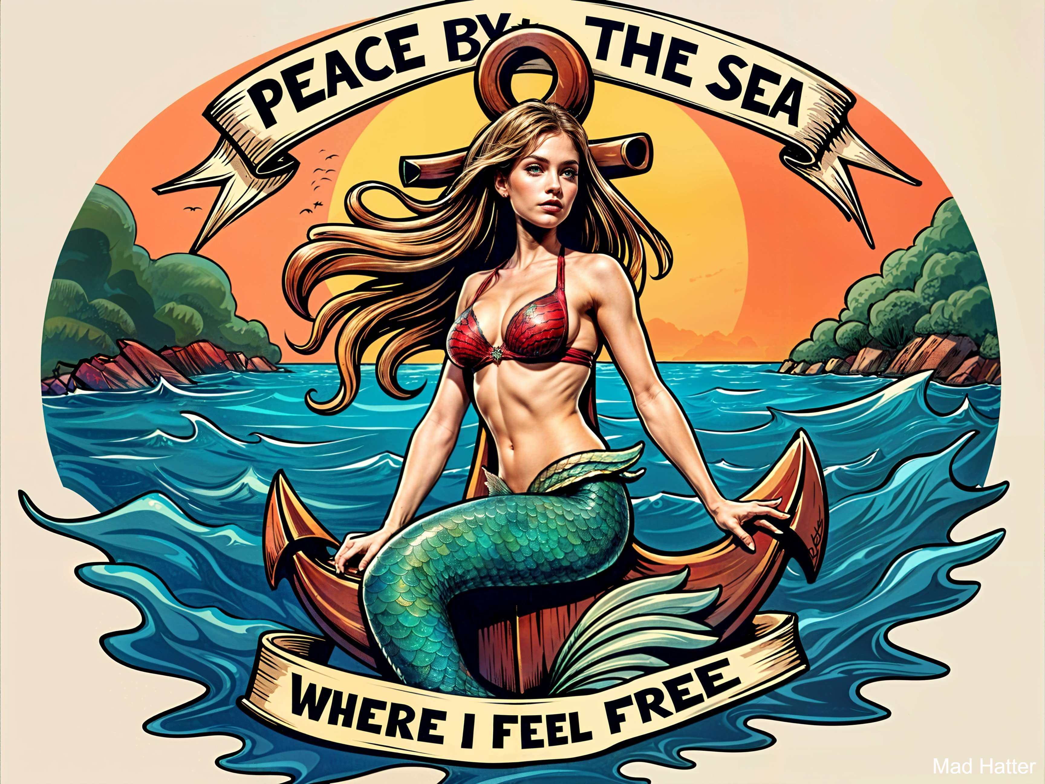 Mermaid Illustration with Sunset and Tranquil Themes