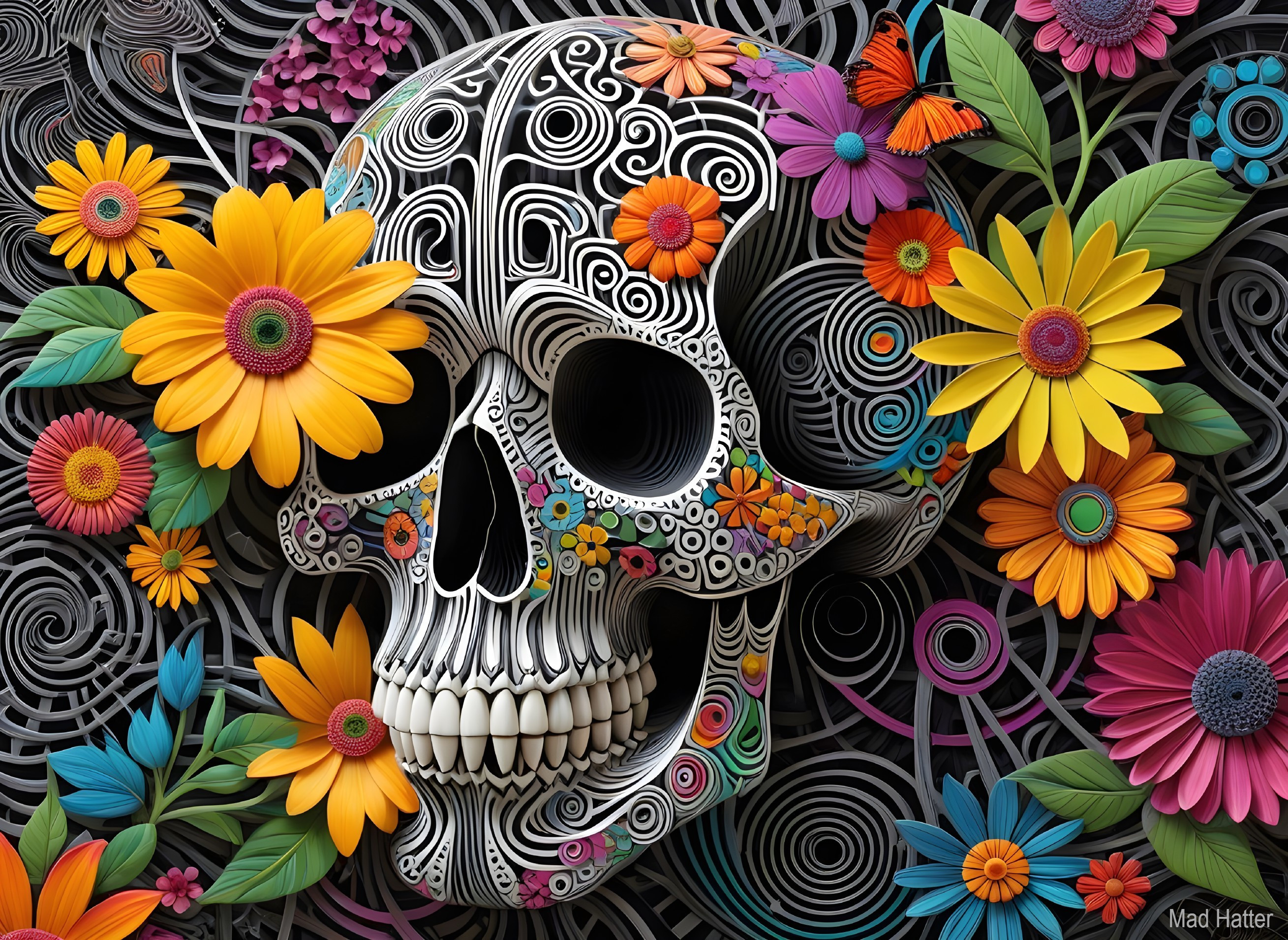 Intricate Skull Surrounded by Colorful Flowers