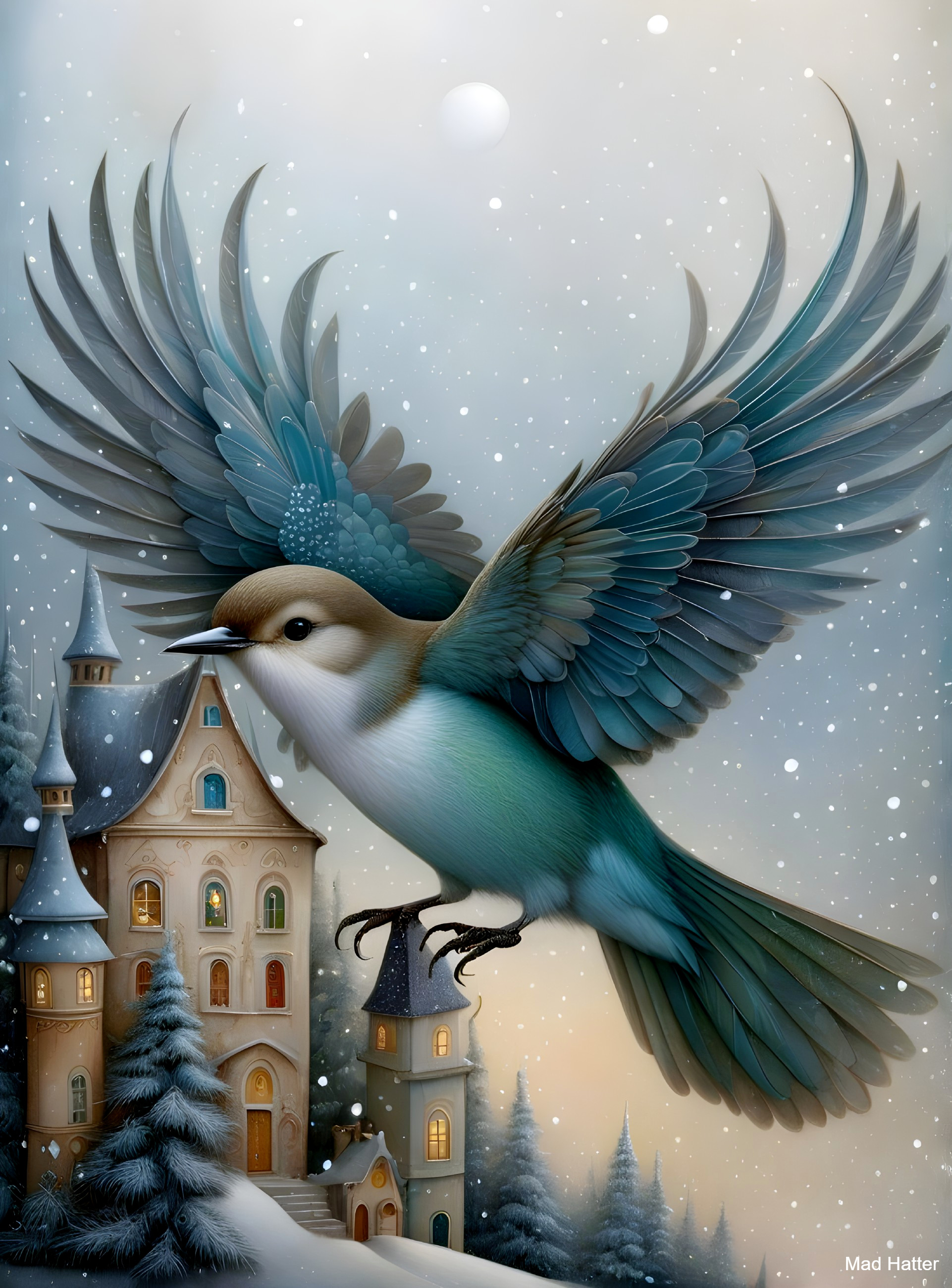 Majestic bird in teal over whimsical winter landscape
