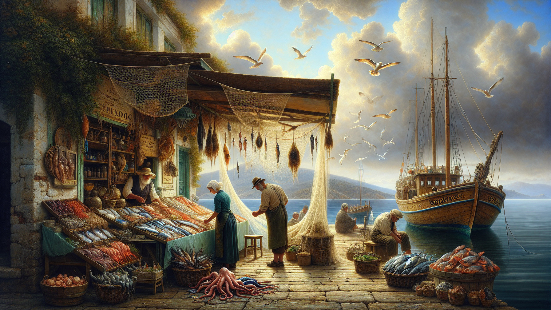 Vibrant Mediterranean Market Scene with Seafood Display