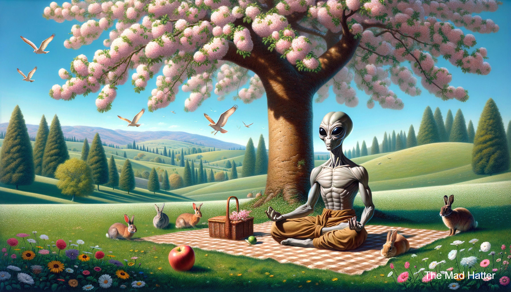 Extraterrestrial Being Picnicking Under Blooming Tree