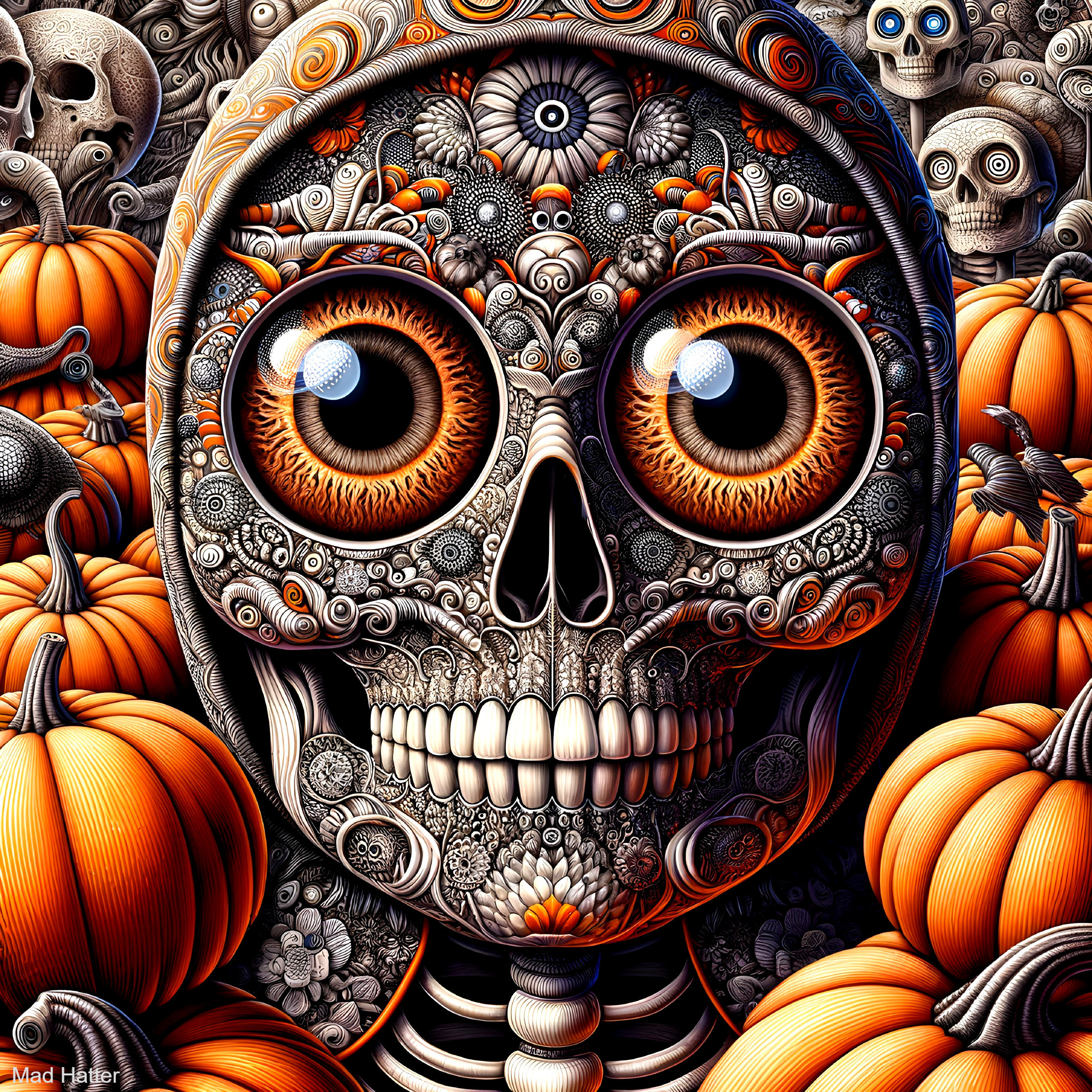 Stylized Skull with Orange Eyes and Floral Patterns