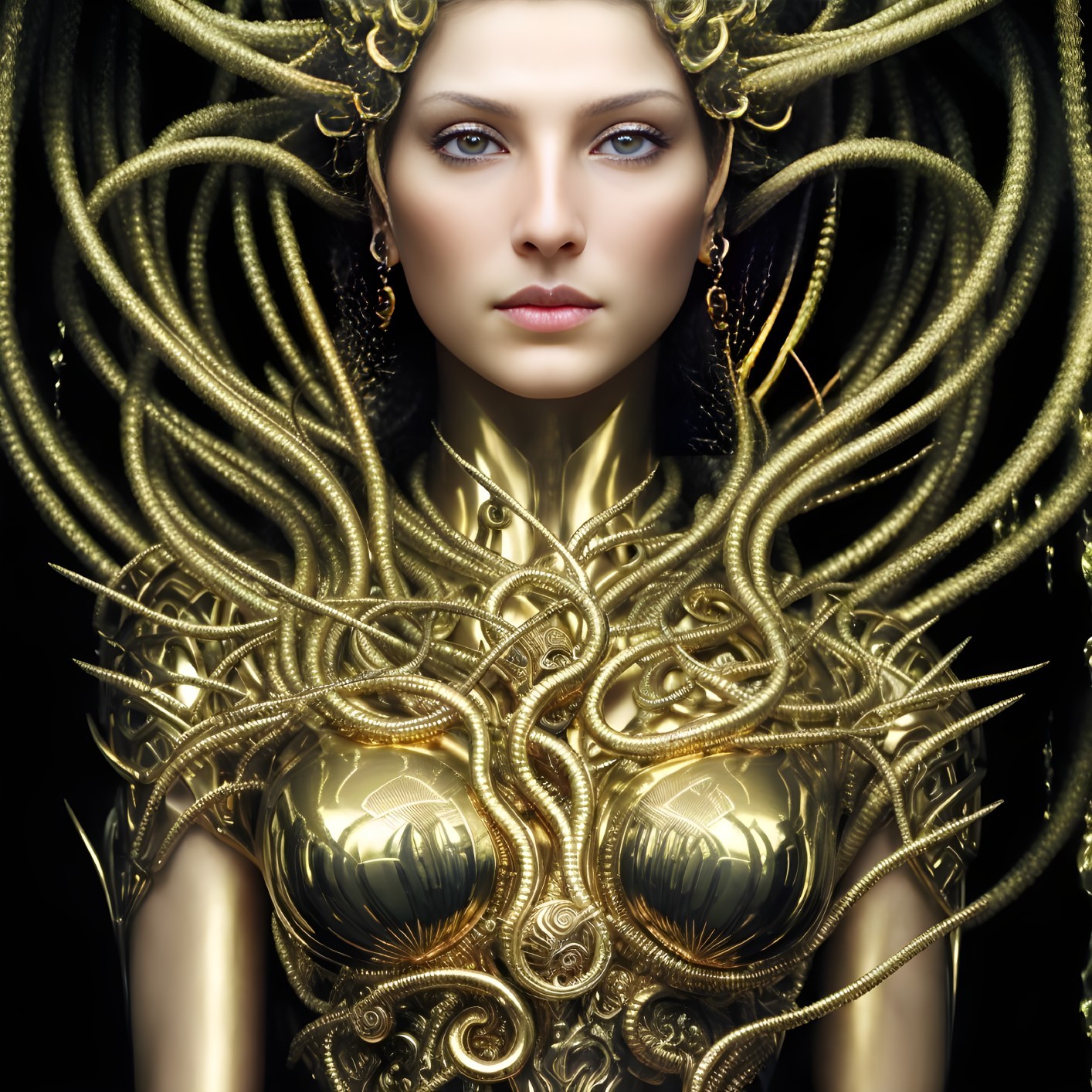 Fantasy portrait of woman with golden serpentine hair and elaborate gold armor