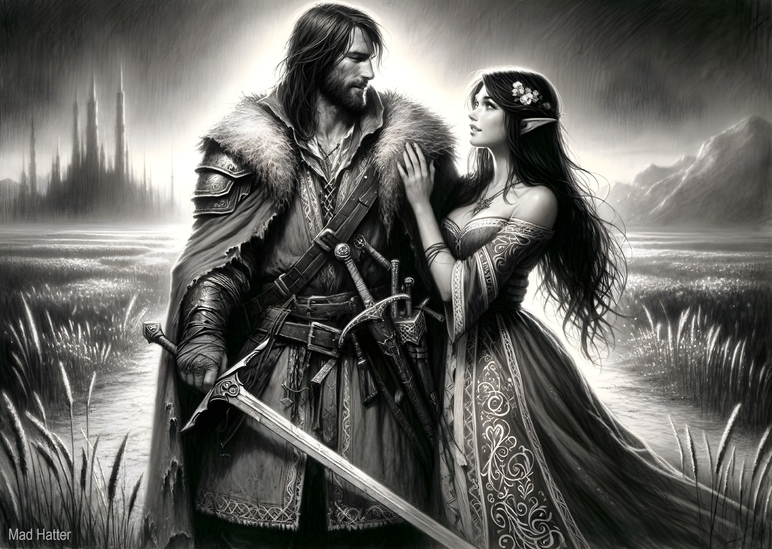Warrior and Elf in Mystical Fantasy Landscape