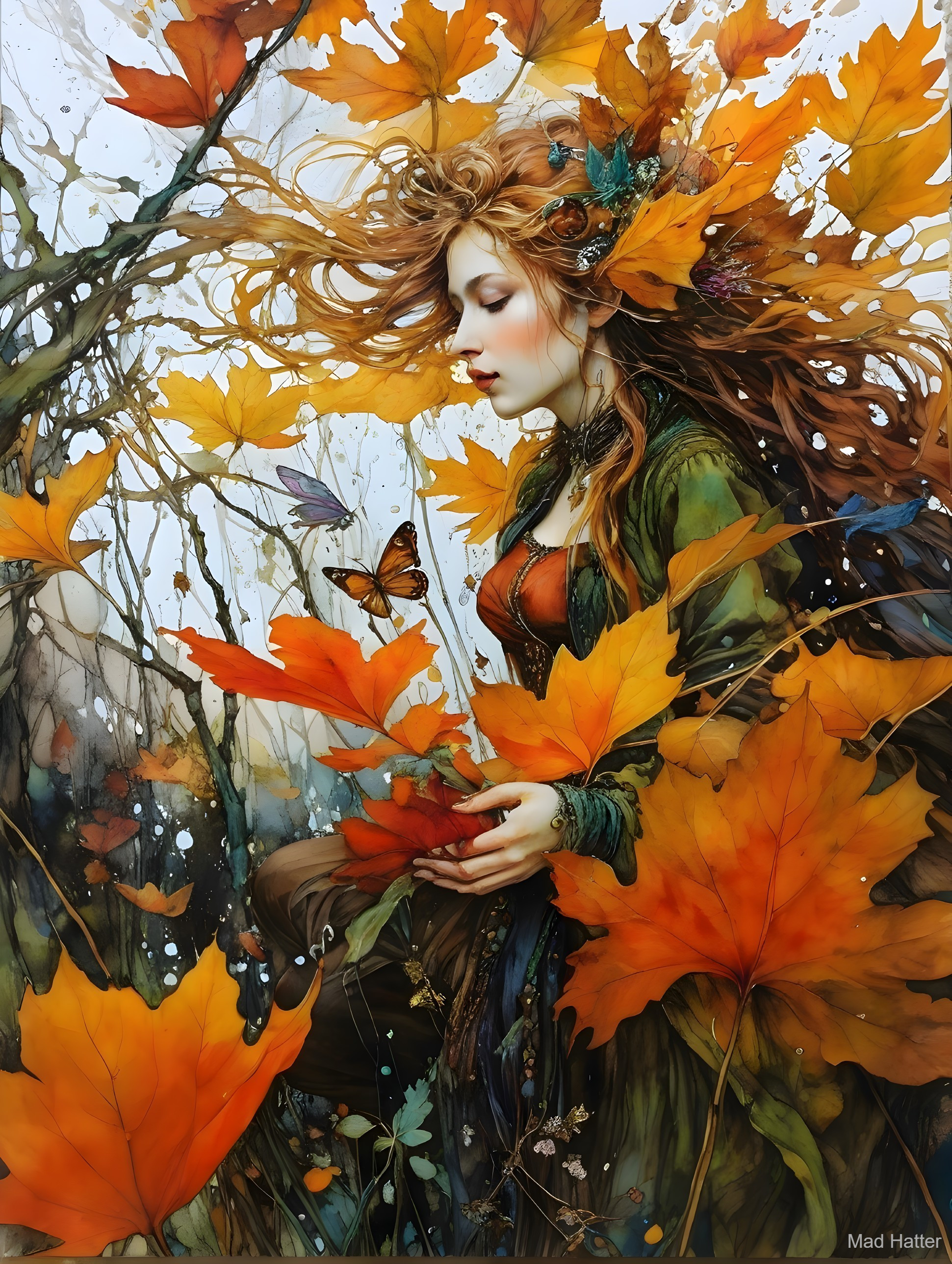 Serene Woman Surrounded by Vibrant Autumn Leaves