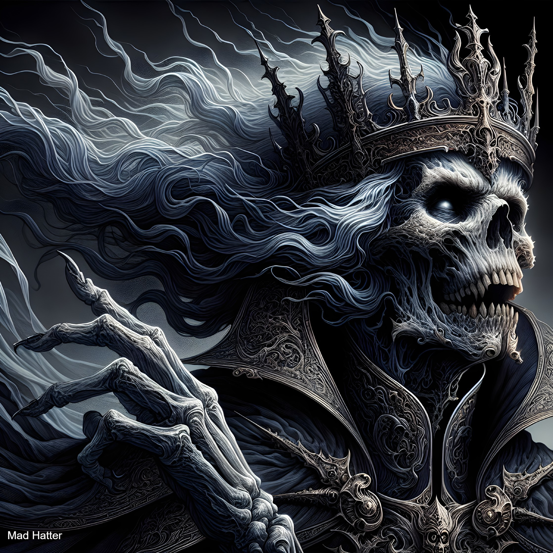Skeletal Figure with Flowing Hair and Crown in Dark Fantasy