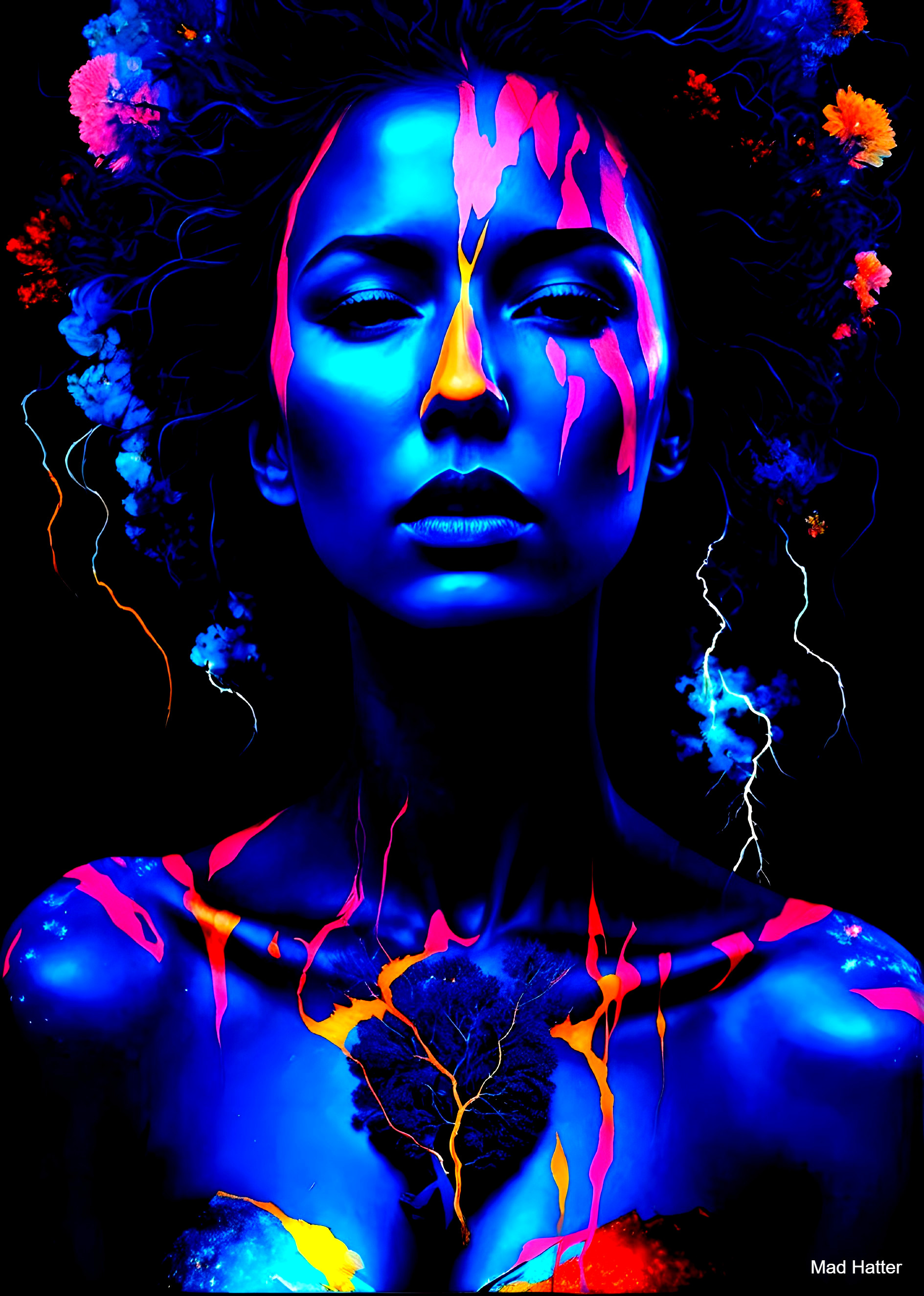 Portrait of a Woman with Blue Skin and Colorful Patterns