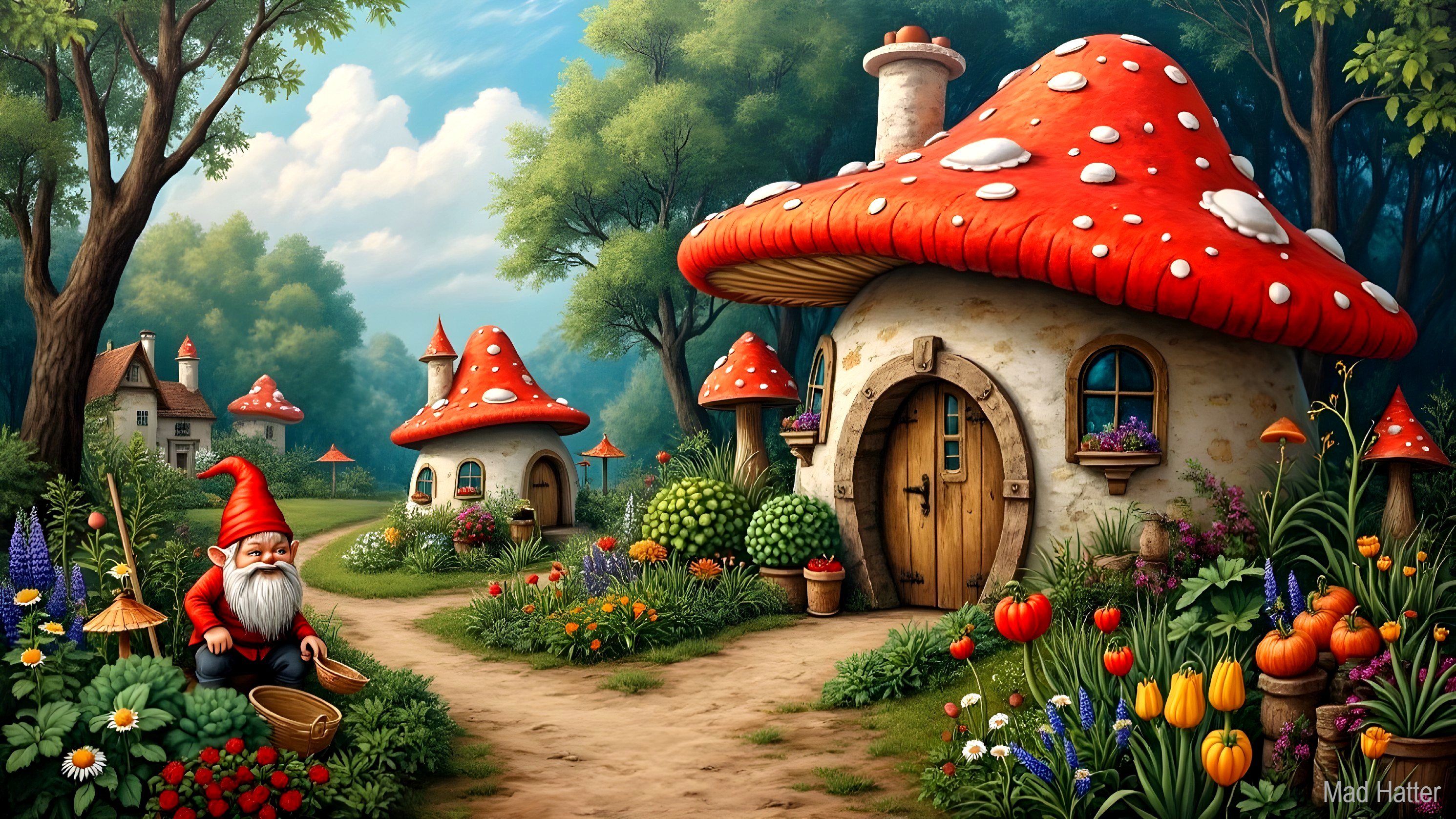 Whimsical Garden with Mushroom Houses and Gnome