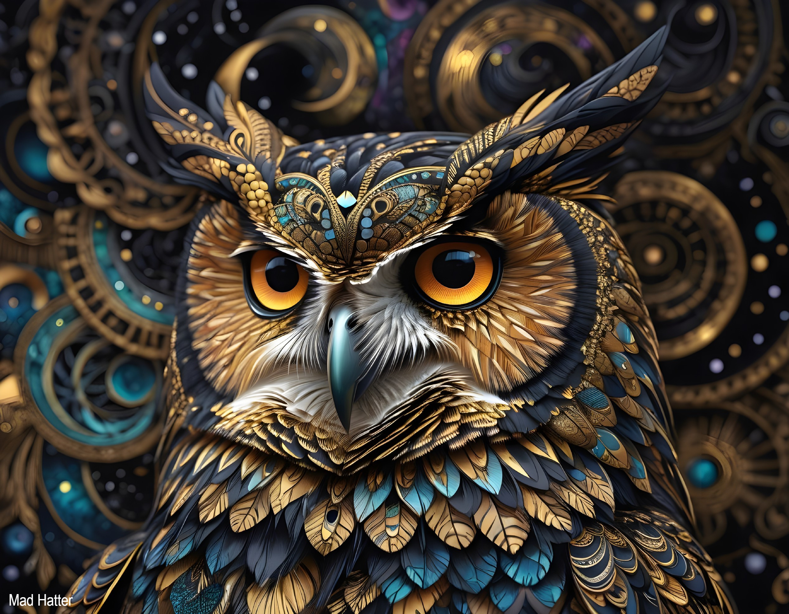 Detailed Owl with Colorful Feathers and Starry Background
