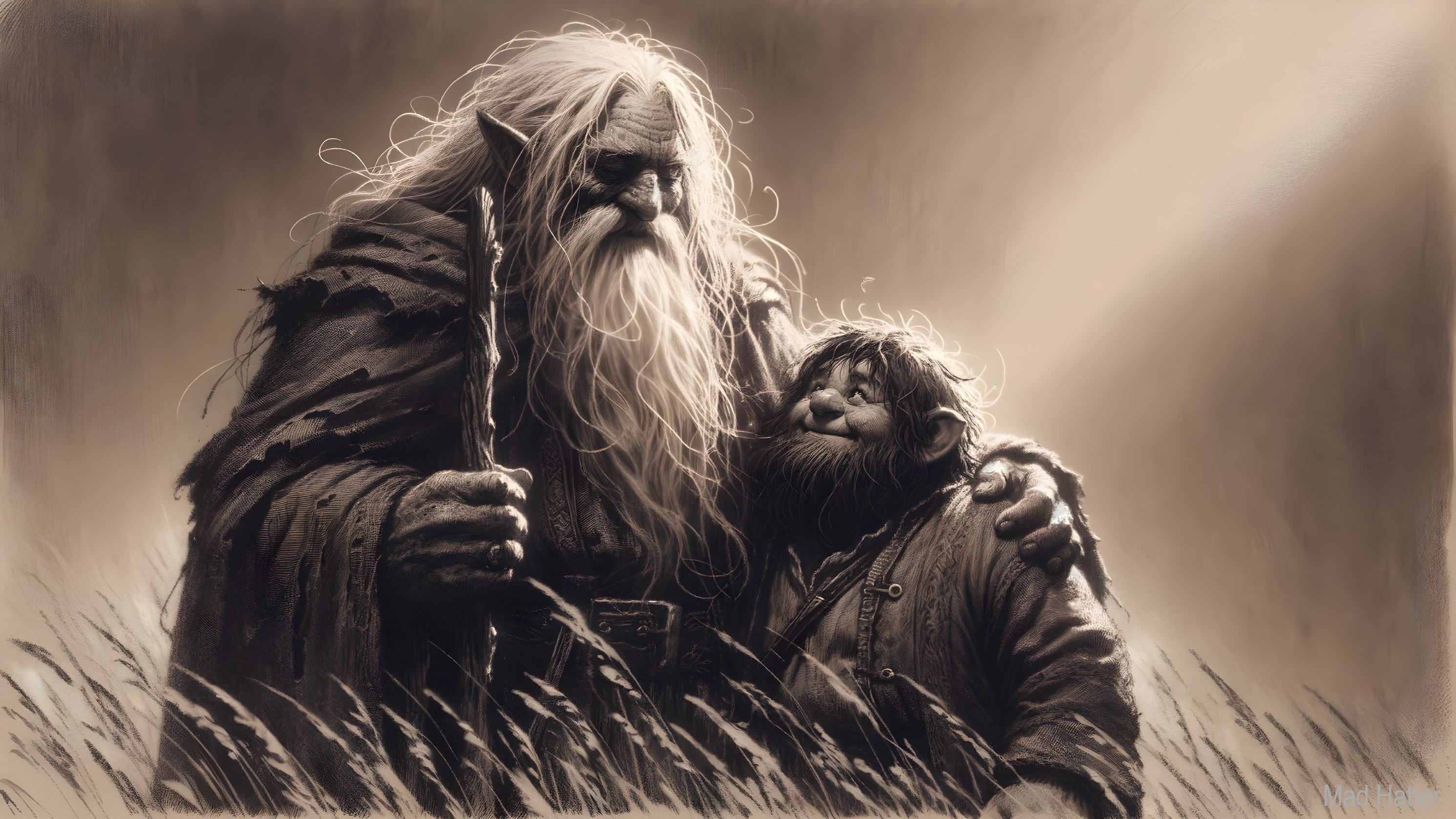 Ancient Sage and Companion in Sepia-Toned Landscape