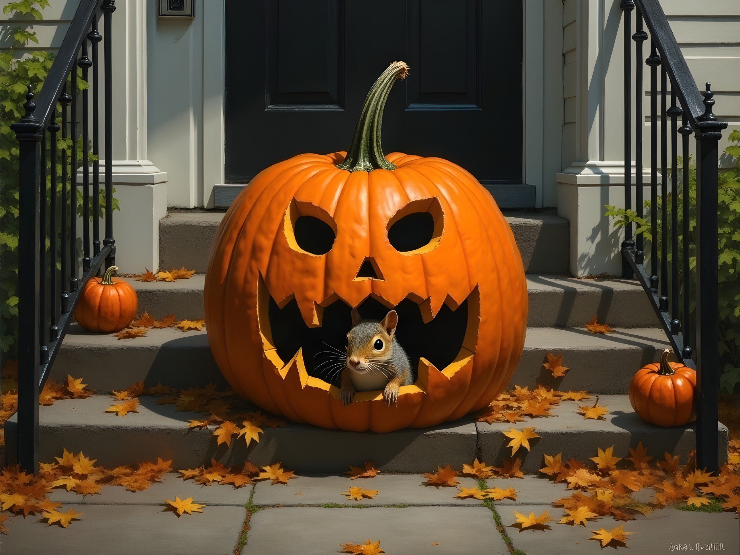 Carved Pumpkin with Squirrel on Porch in Autumn Leaves