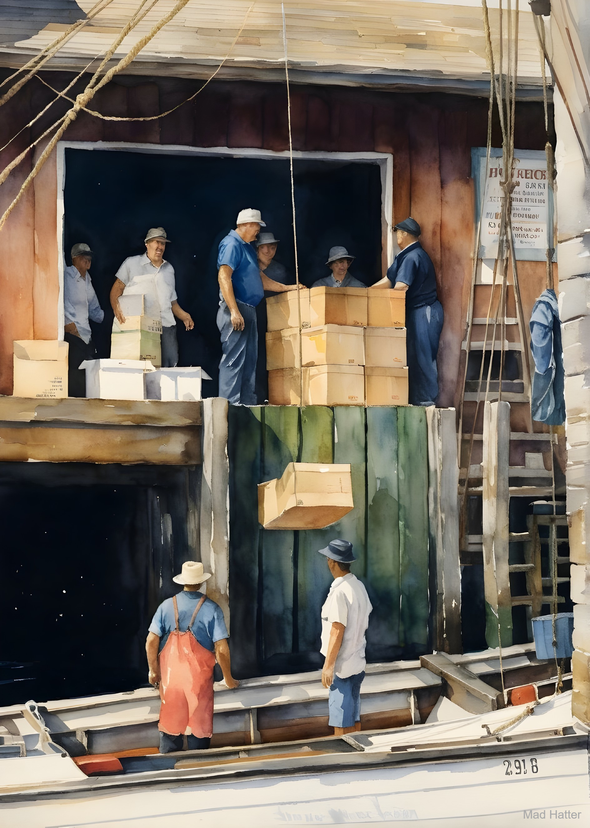 Busy waterfront scene with fishermen unloading boxes