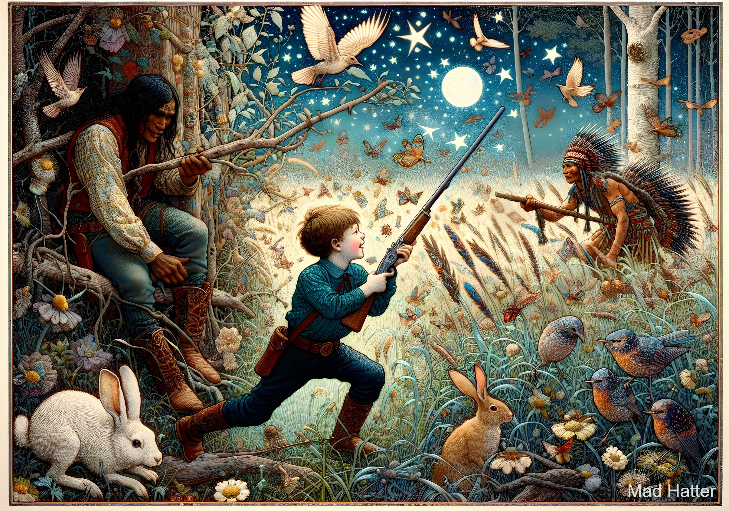 Whimsical Forest Scene with Boy and Observers