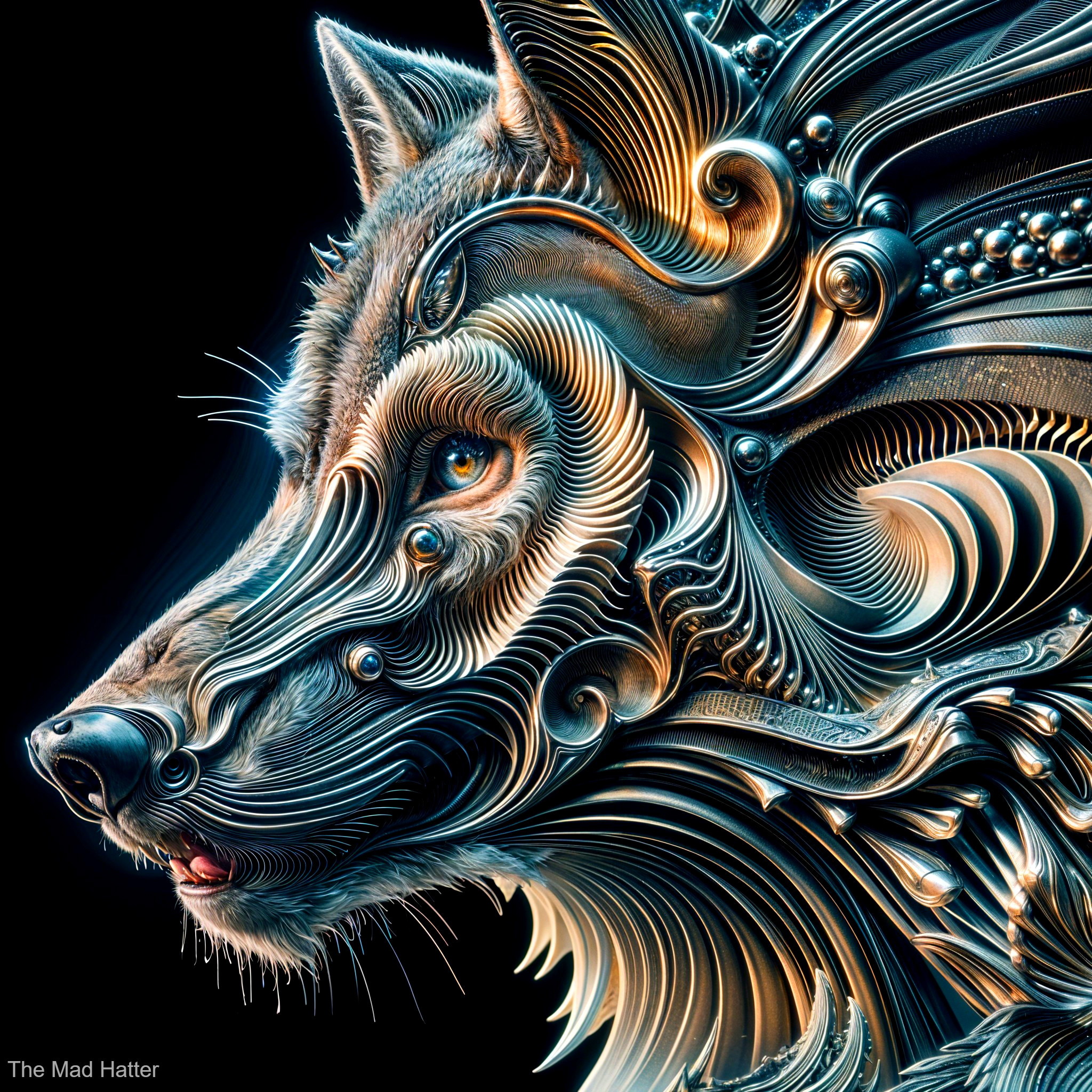 Intricate Wolf Head Design with Swirling Patterns