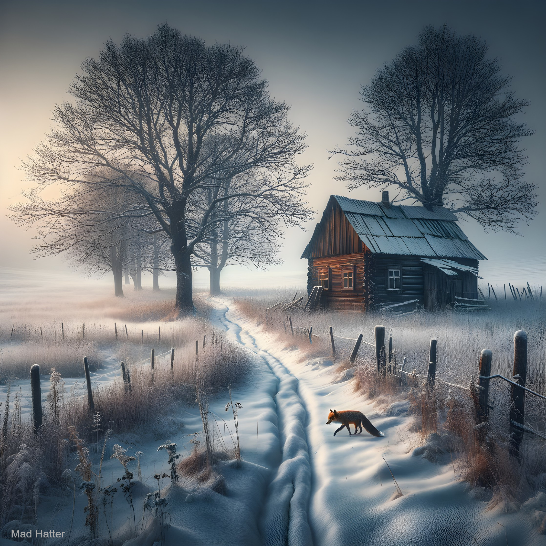 Winter Landscape with Cabin and Snowy Pathway