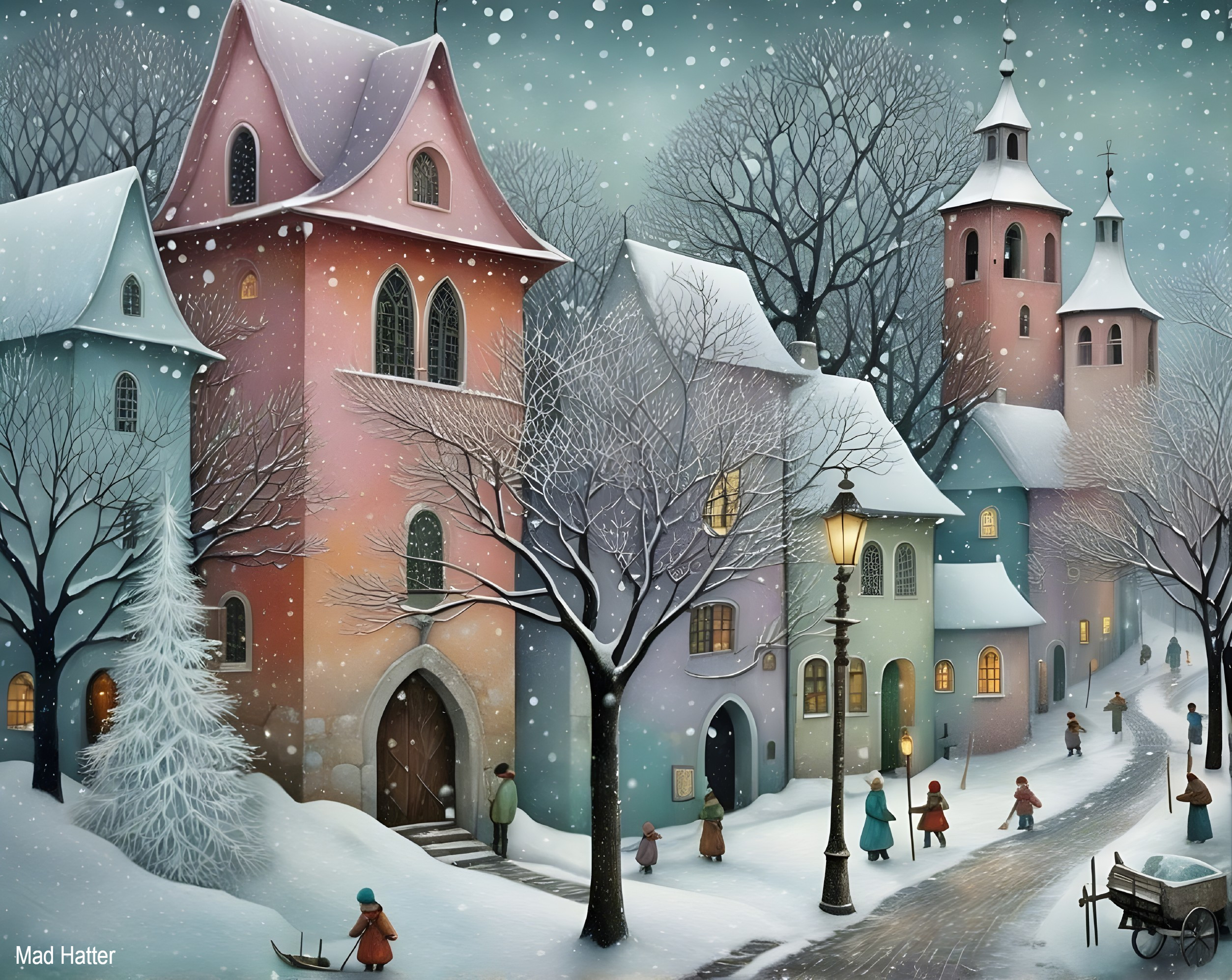 Charming Winter Village Scene with Snowy Landscape