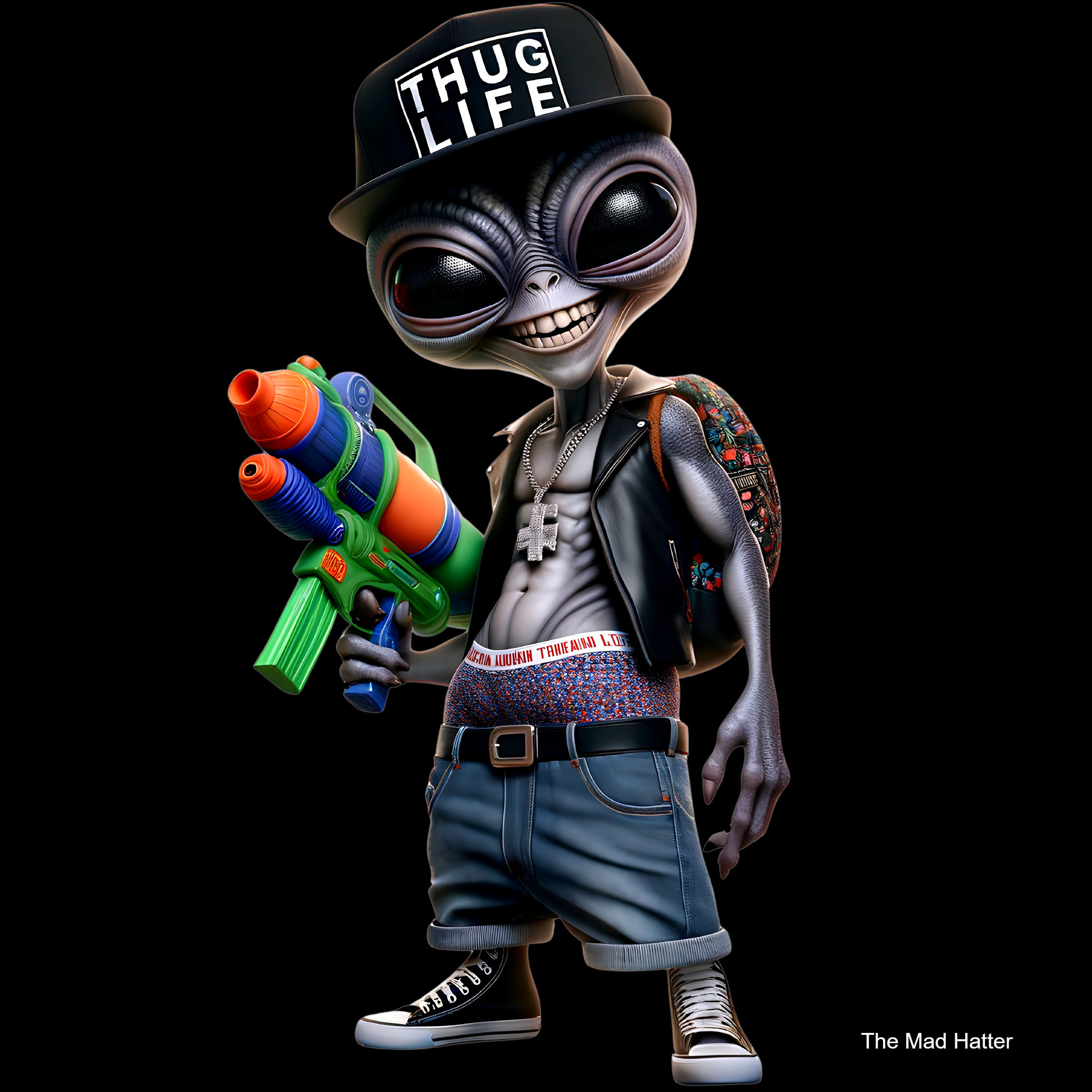 Stylized alien character in urban attire with tattoos