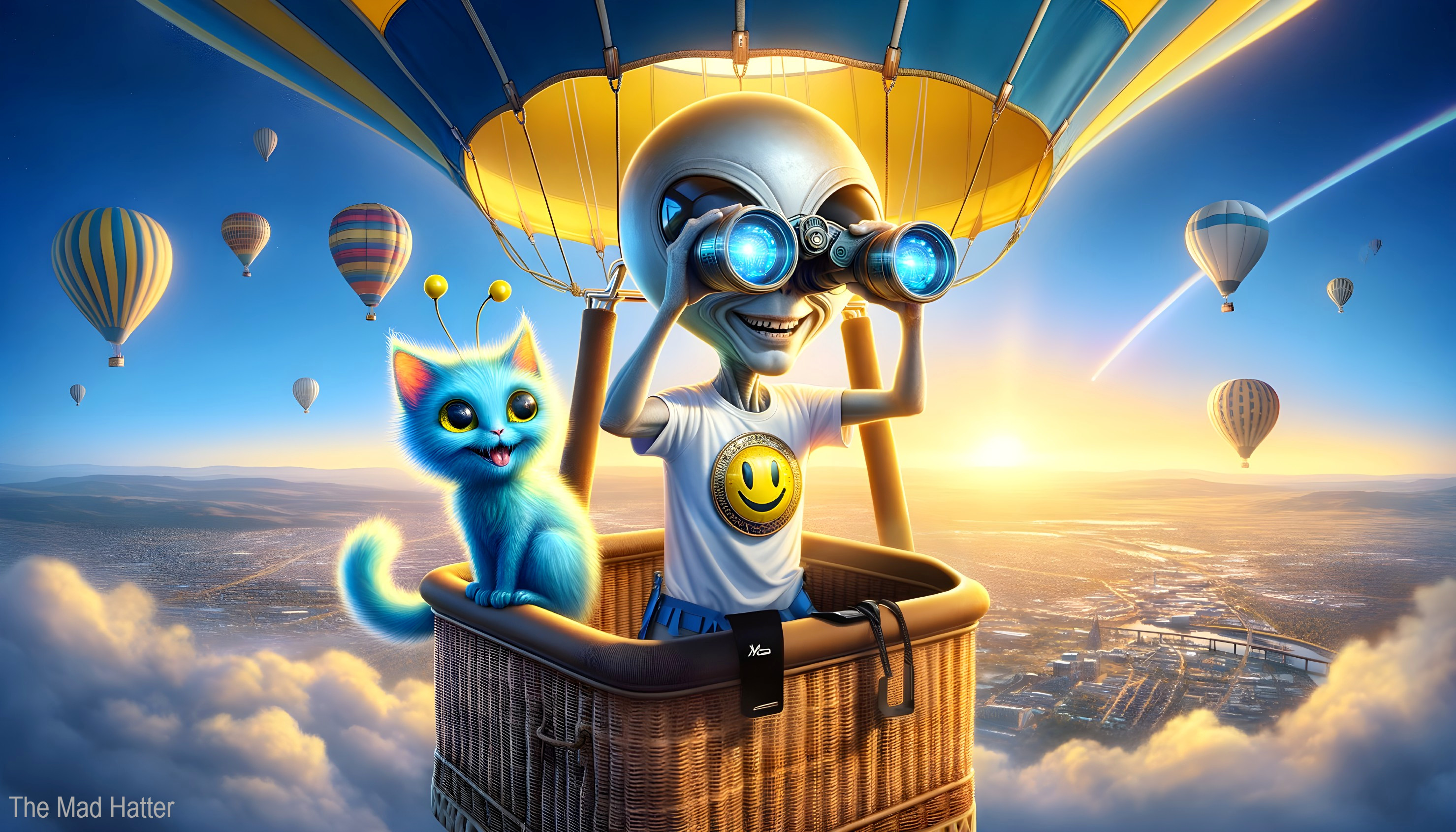 Cheerful Alien and Blue Cat in Hot Air Balloon Scene