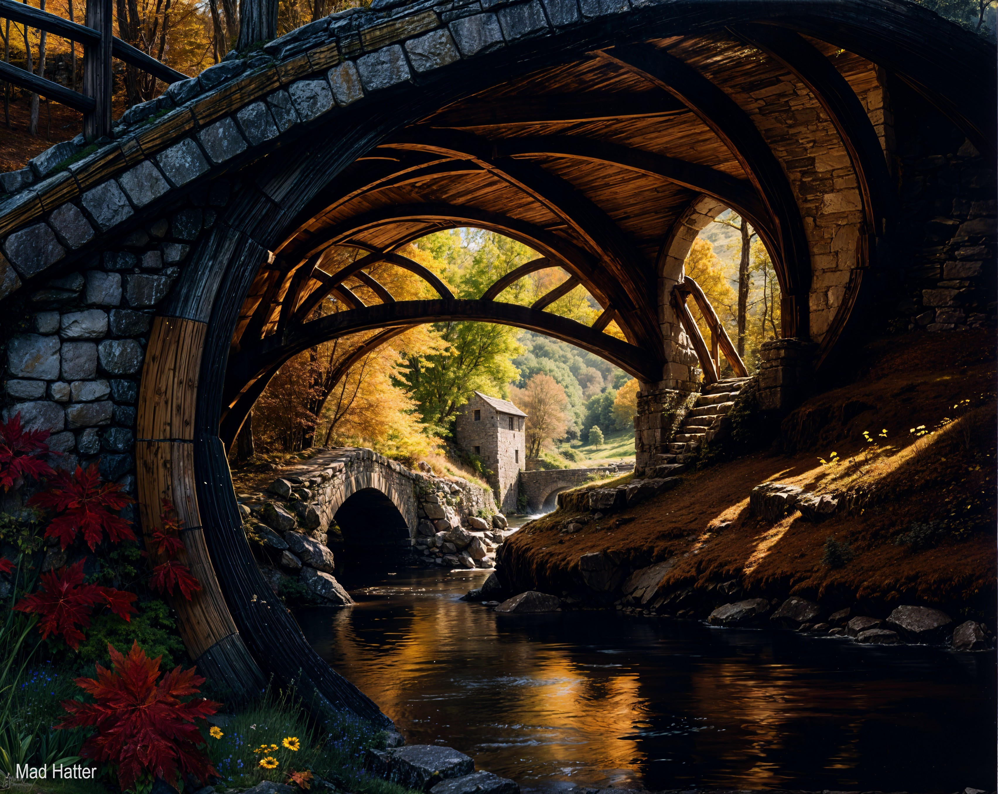 Serene Landscape with Stone Bridge and Autumn Foliage