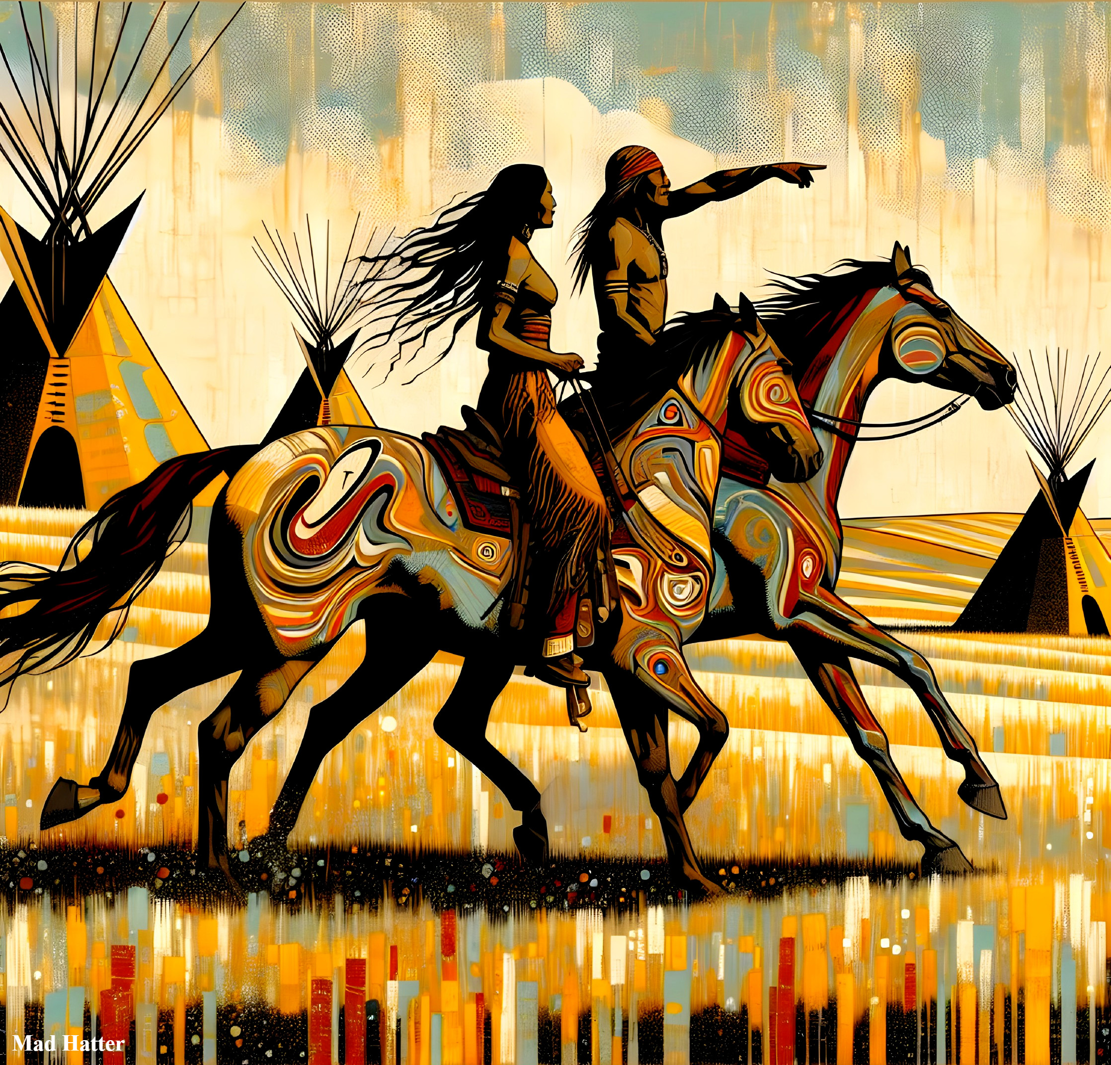 Artwork of Riders on Patterned Horses in Golden Field