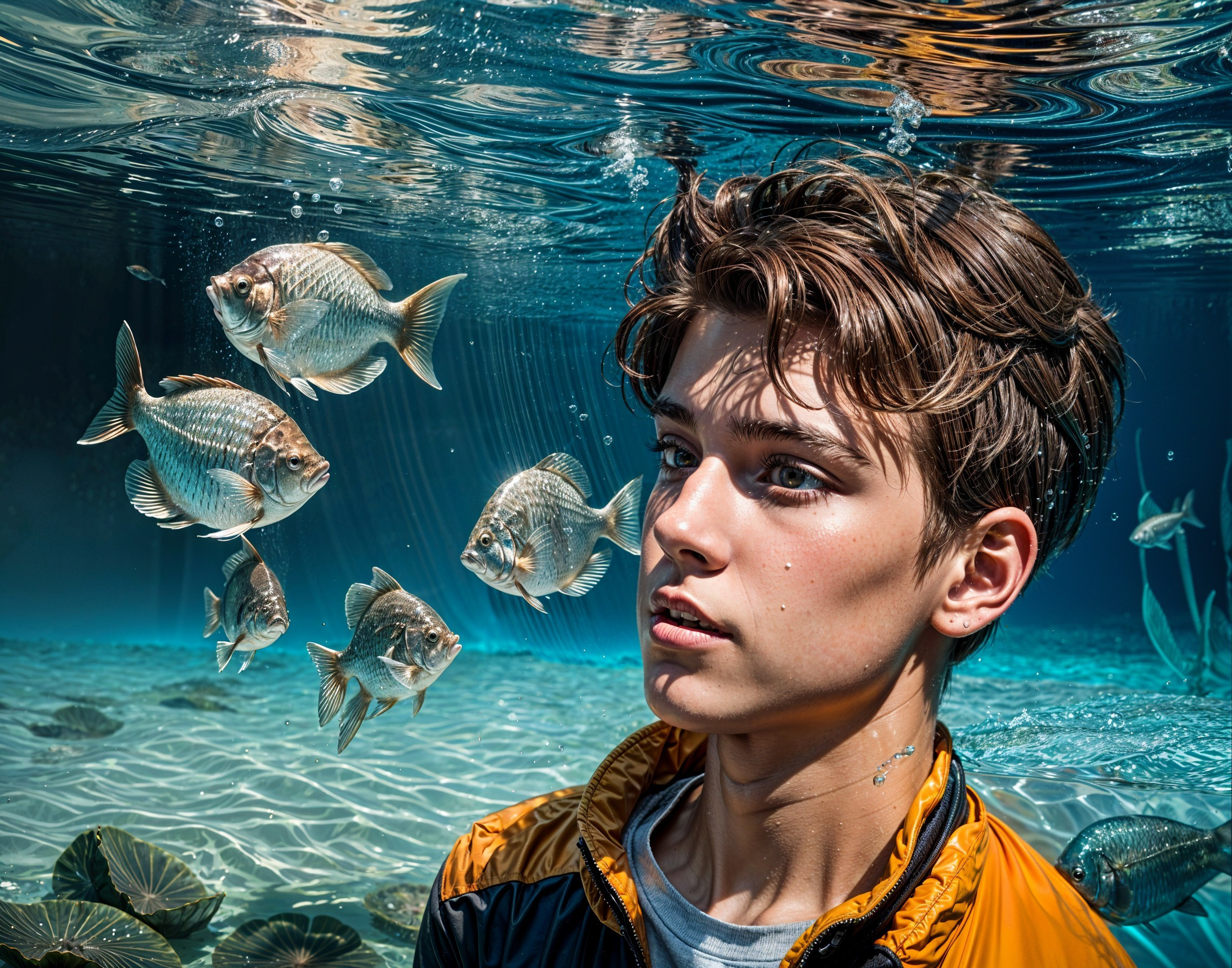 Teenager Observing Fish in Serene Underwater Scene