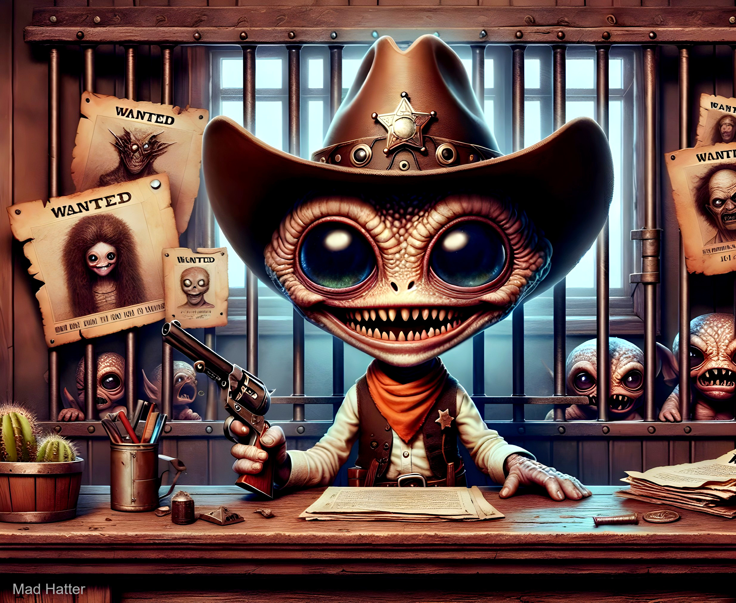 Whimsical Alien Sheriff in Cartoonish Jail Setting