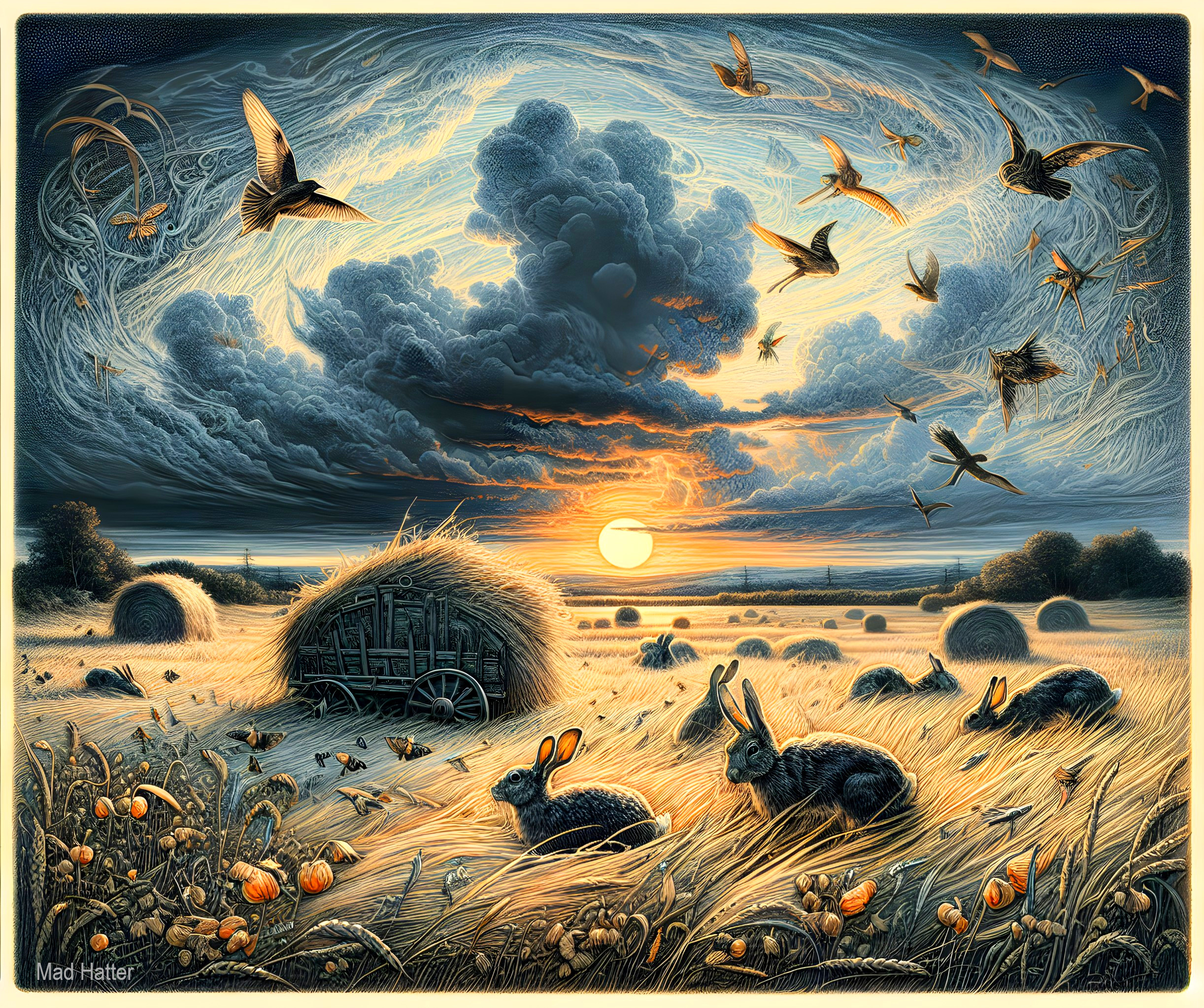 Twilight Scene in a Golden Field with Grazing Rabbits