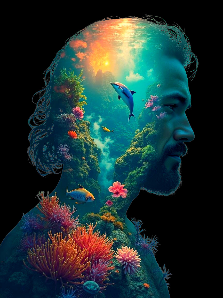 Double Exposure Portrait of Man with Ocean Scene