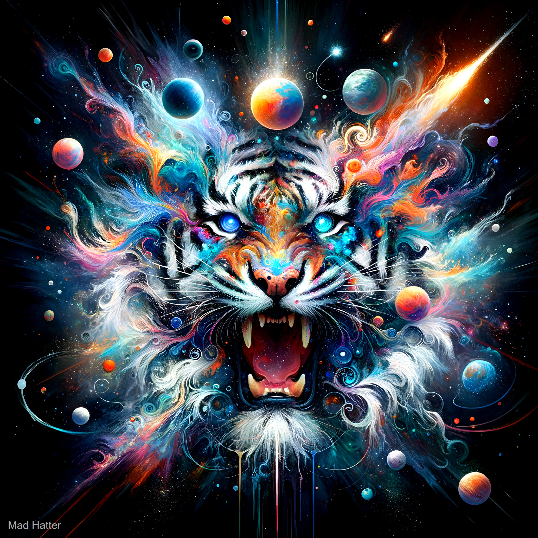 Tiger's Face Amidst Cosmic Colors and Galaxies