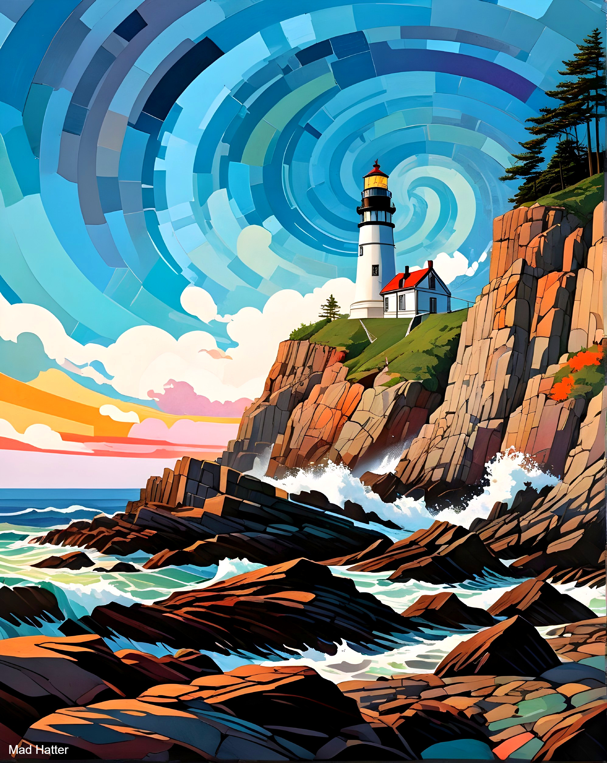 Vibrant Lighthouse on Rocky Cliff with Swirling Waves