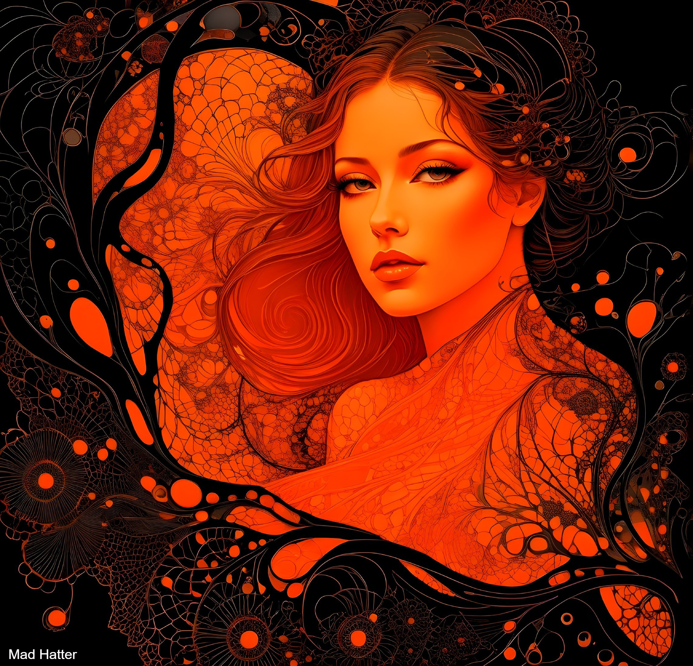 Portrait of a woman with vibrant swirling patterns