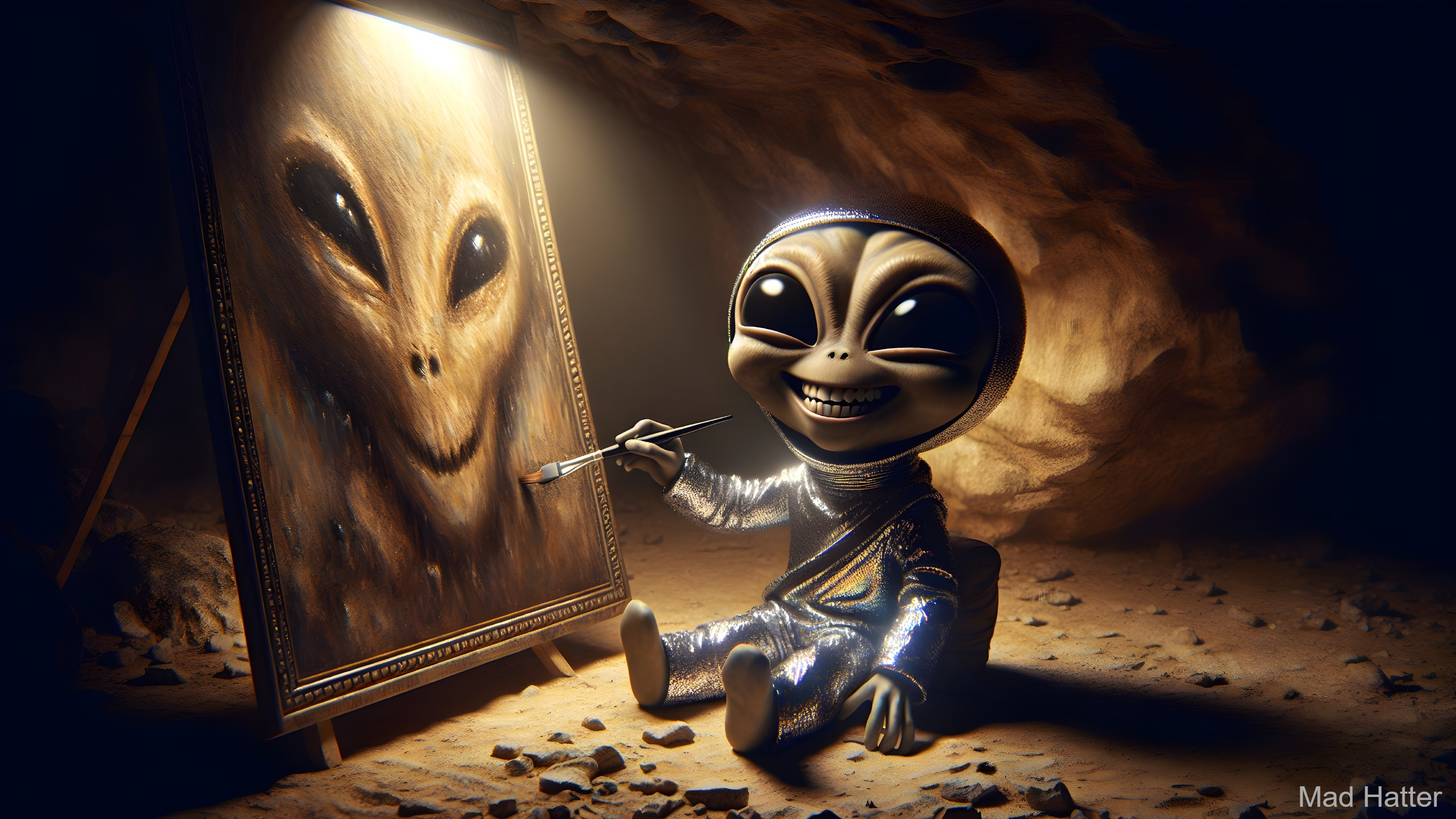 Playful Alien Painting in a Dimly Lit Cave