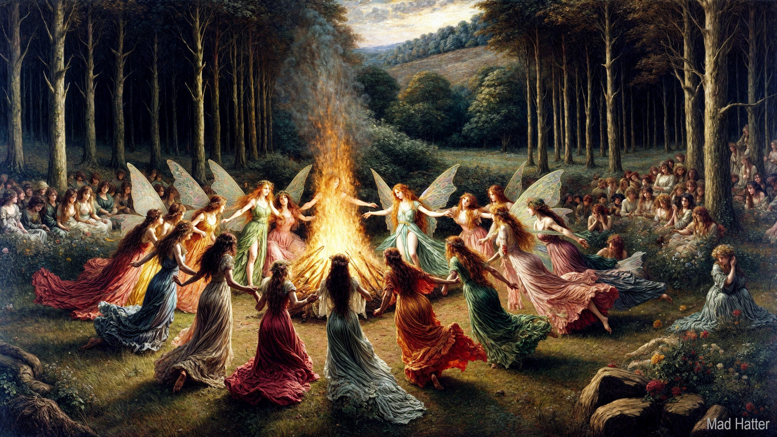 Fairies Dancing Around Bonfire in Mystical Forest Clearing
