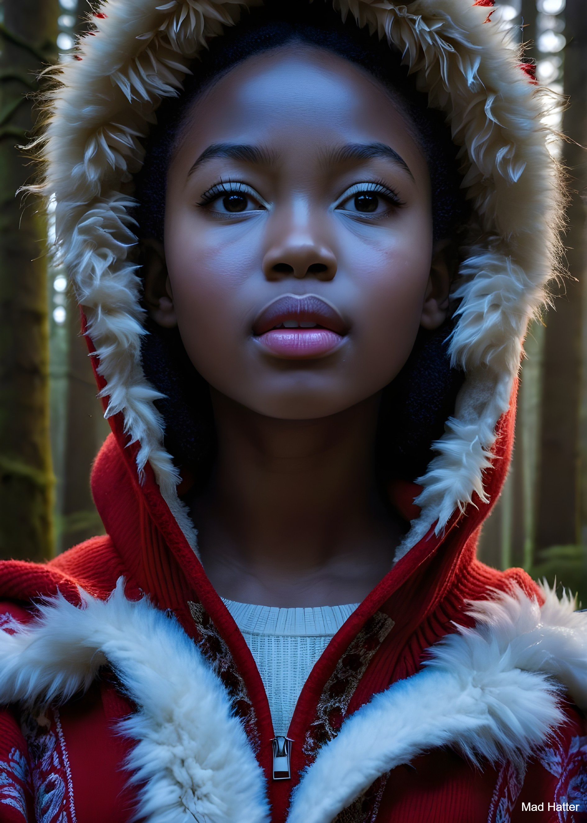 Young girl in red hooded jacket in tranquil forest