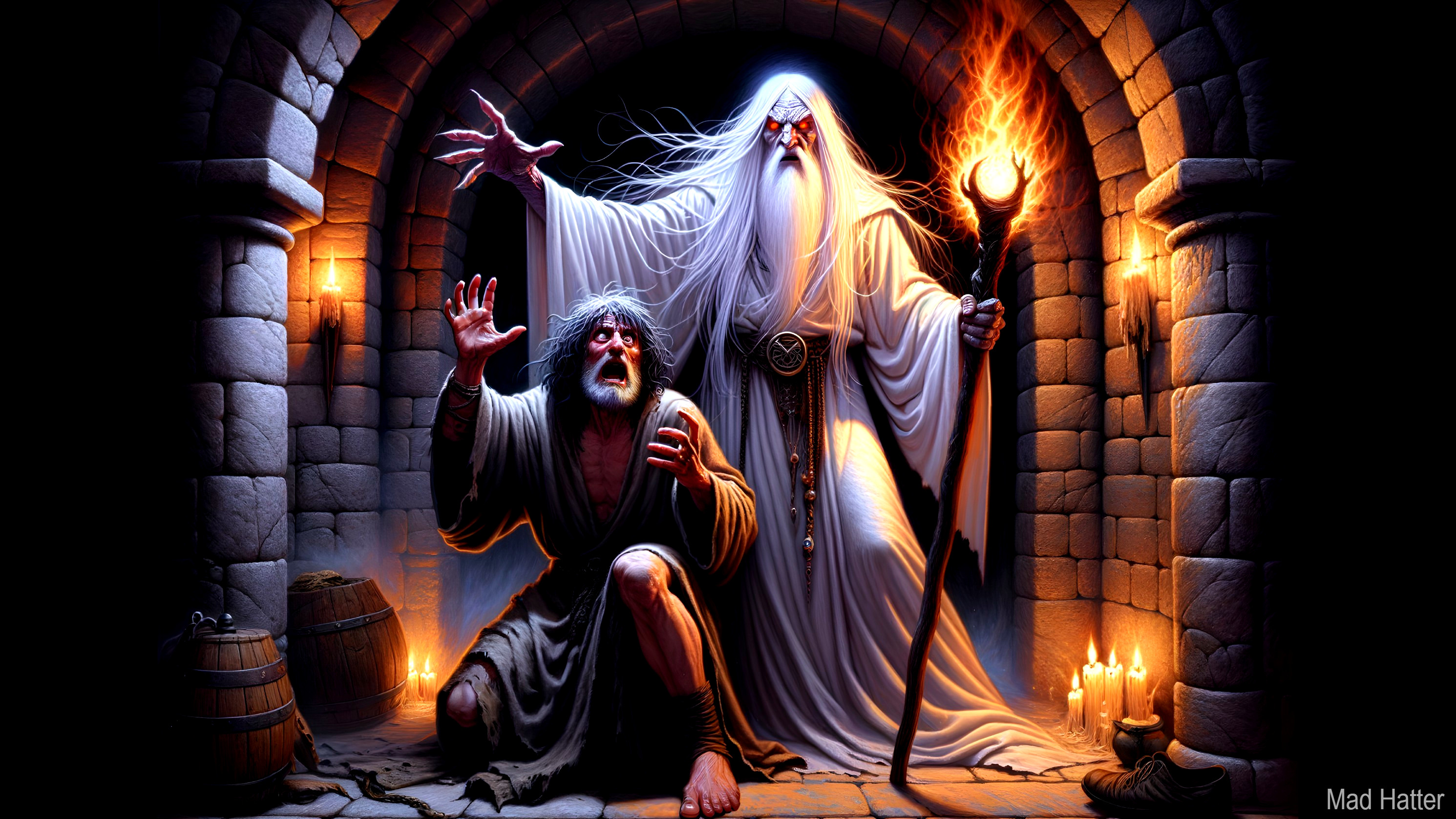 Ghostly Figure in Dim Chamber with Terrified Man