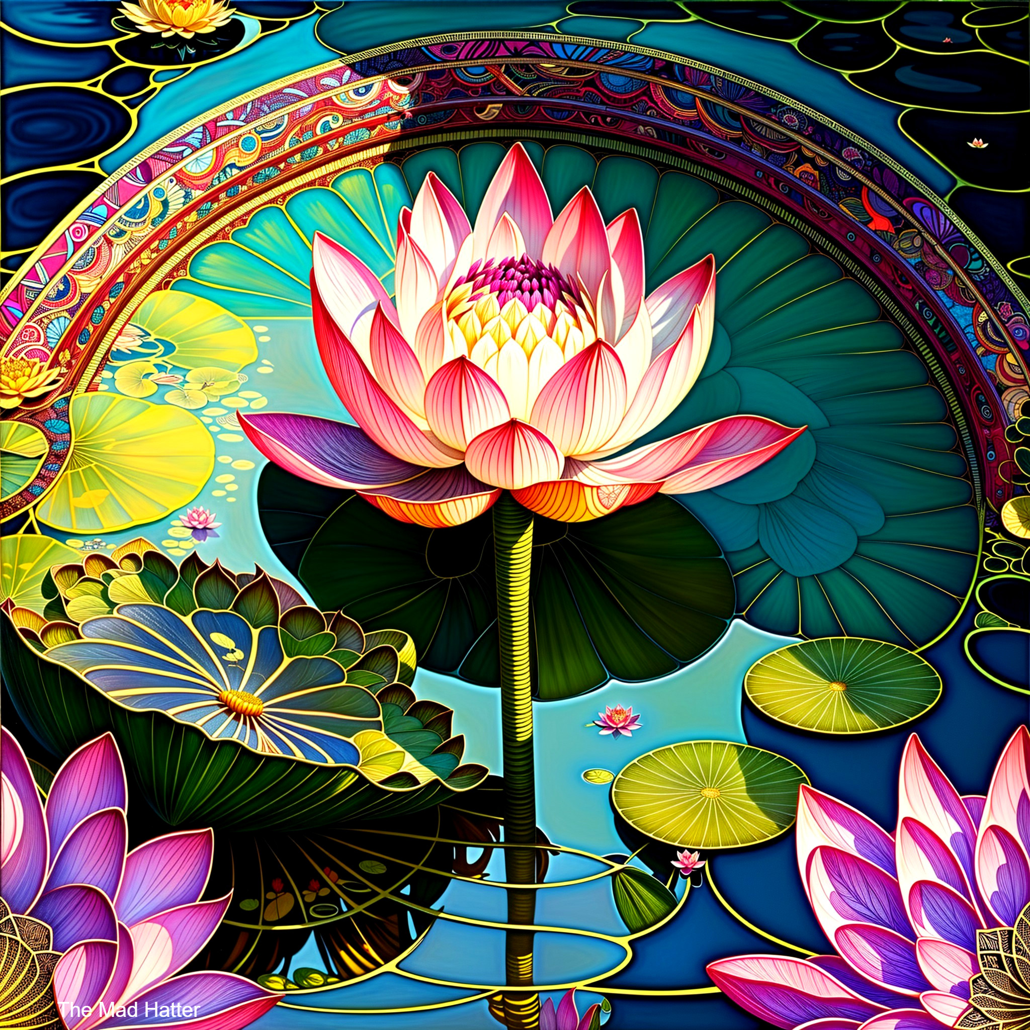 Surreal Illustration of Pink Lotus on Serene Waters