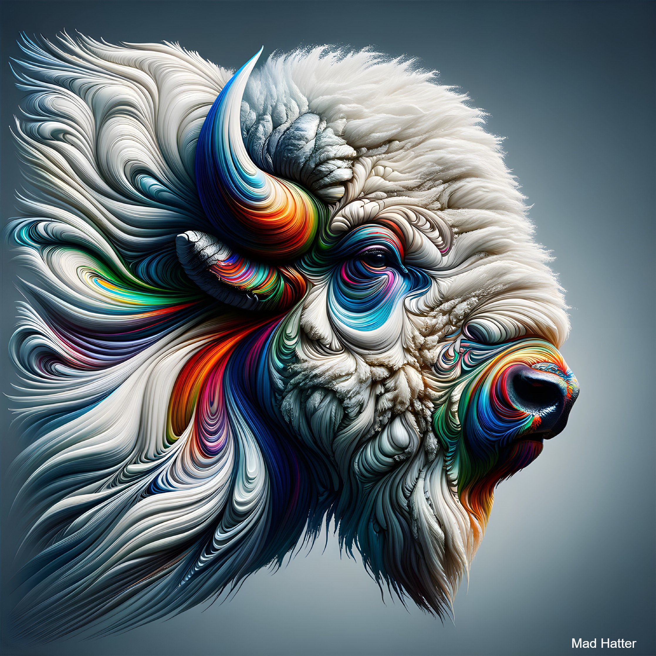 Close-up of a white fluffy bison's head and neck