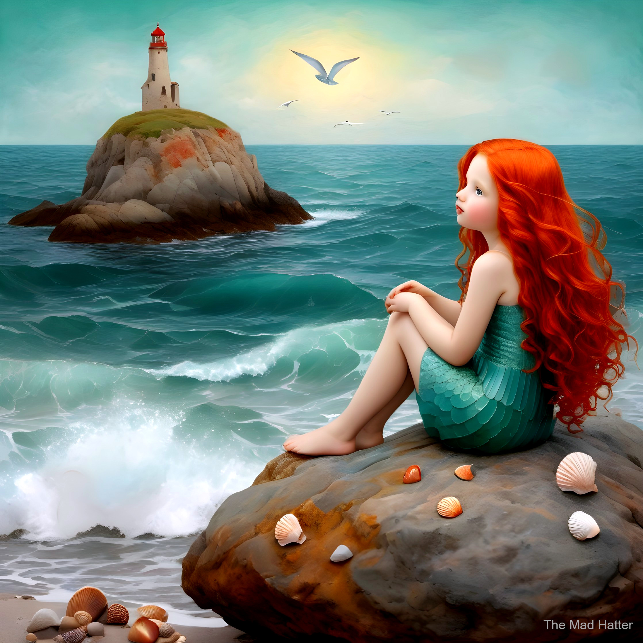 Young girl in green dress by shore with lighthouse