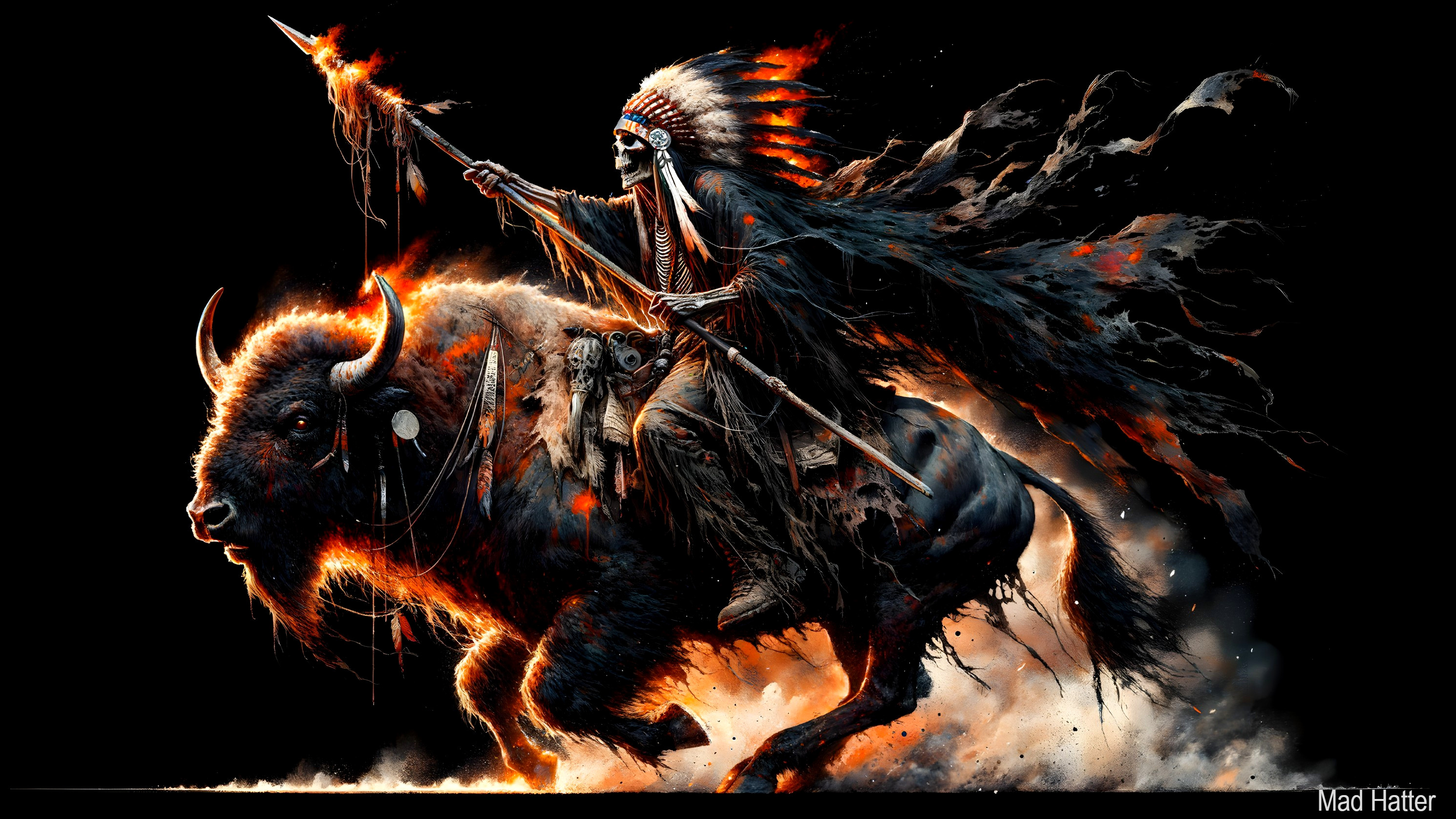 Native American Warrior on Buffalo in Fiery Scene