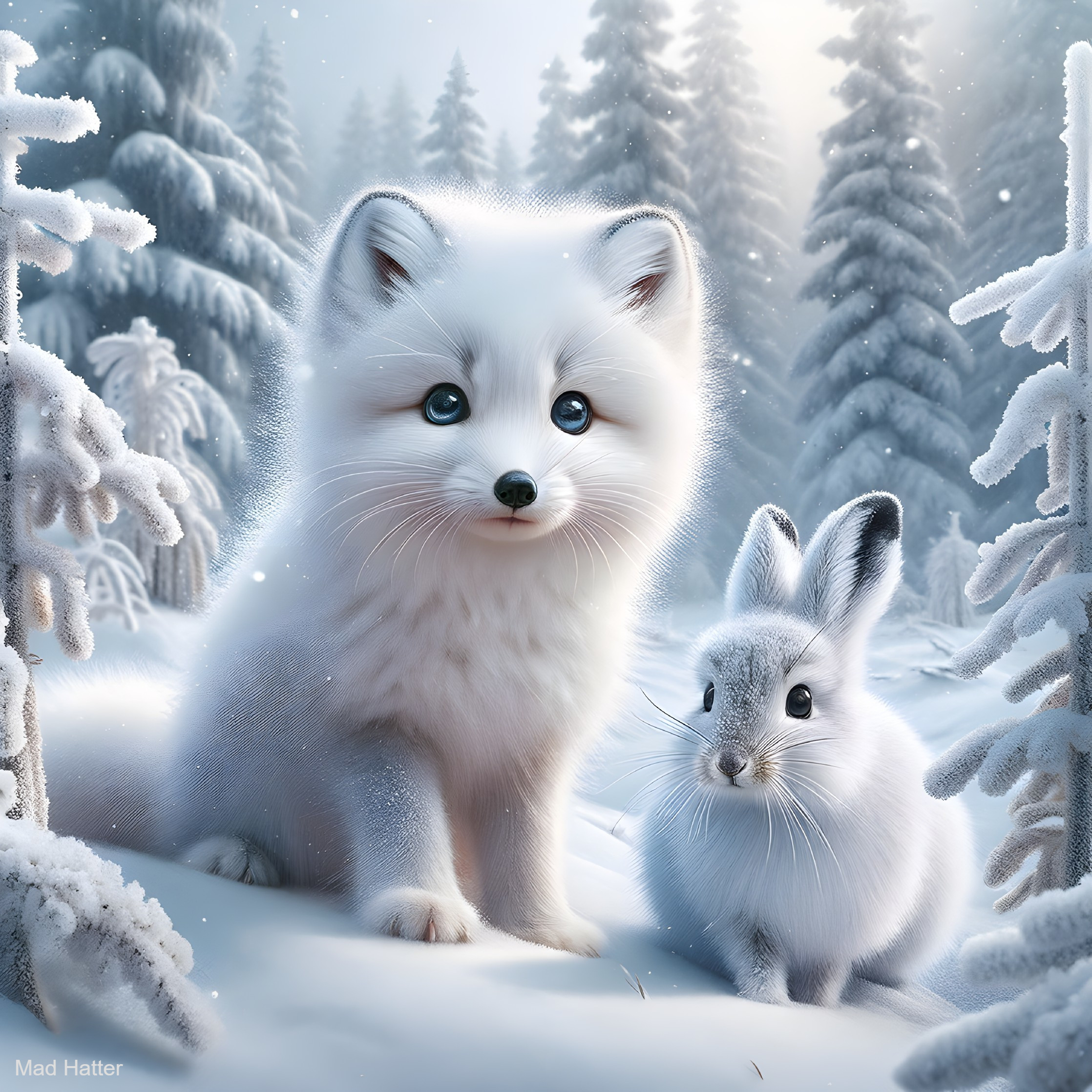 Arctic Fox and Rabbit in a Snowy Winter Landscape