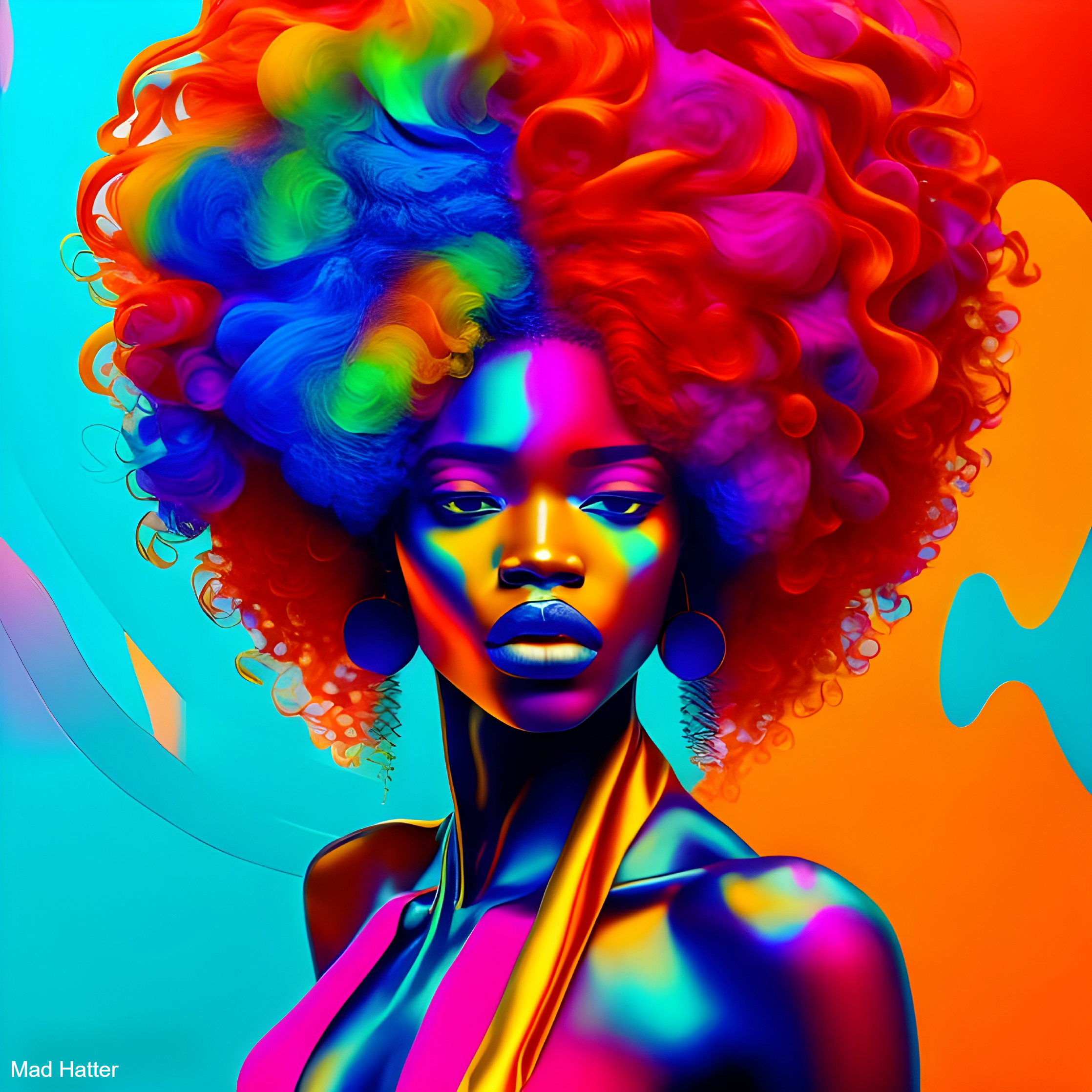 Vibrant Woman with Multi-Colored Afro and Abstract Background