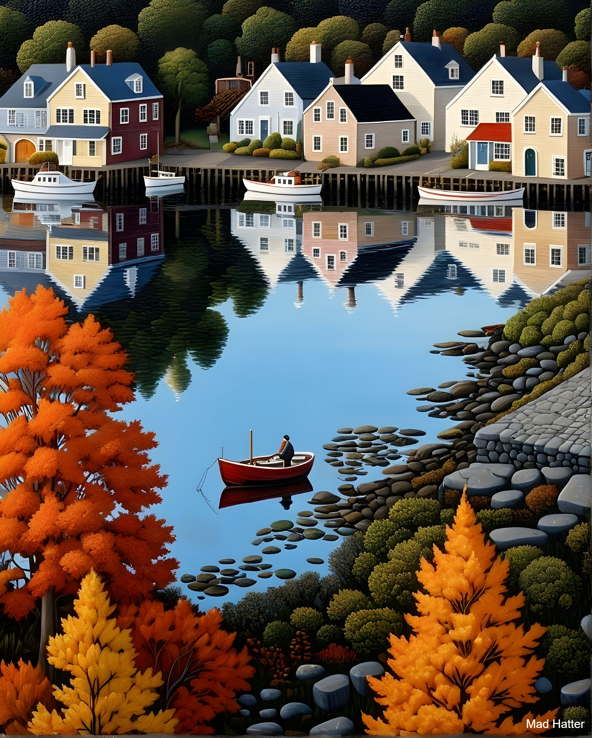 Autumn Waterfront Scene with Colorful Houses and Trees