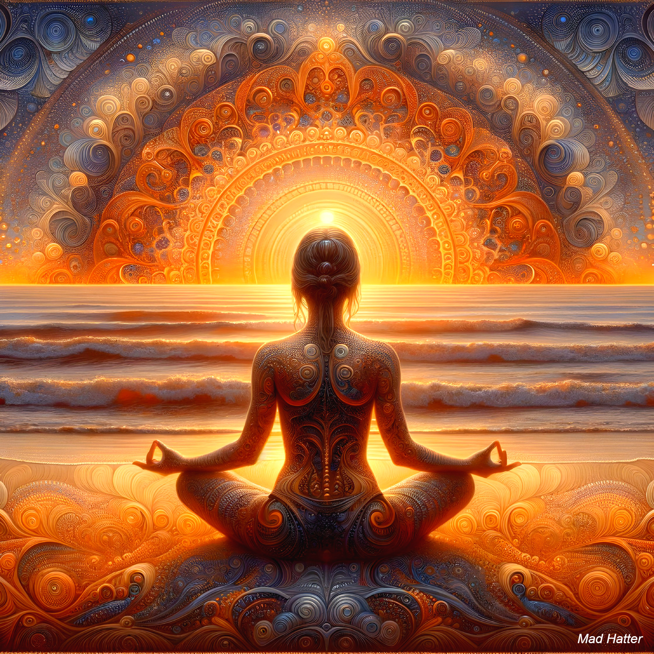 Serene Beach Figure Against Vibrant Sunset and Waves