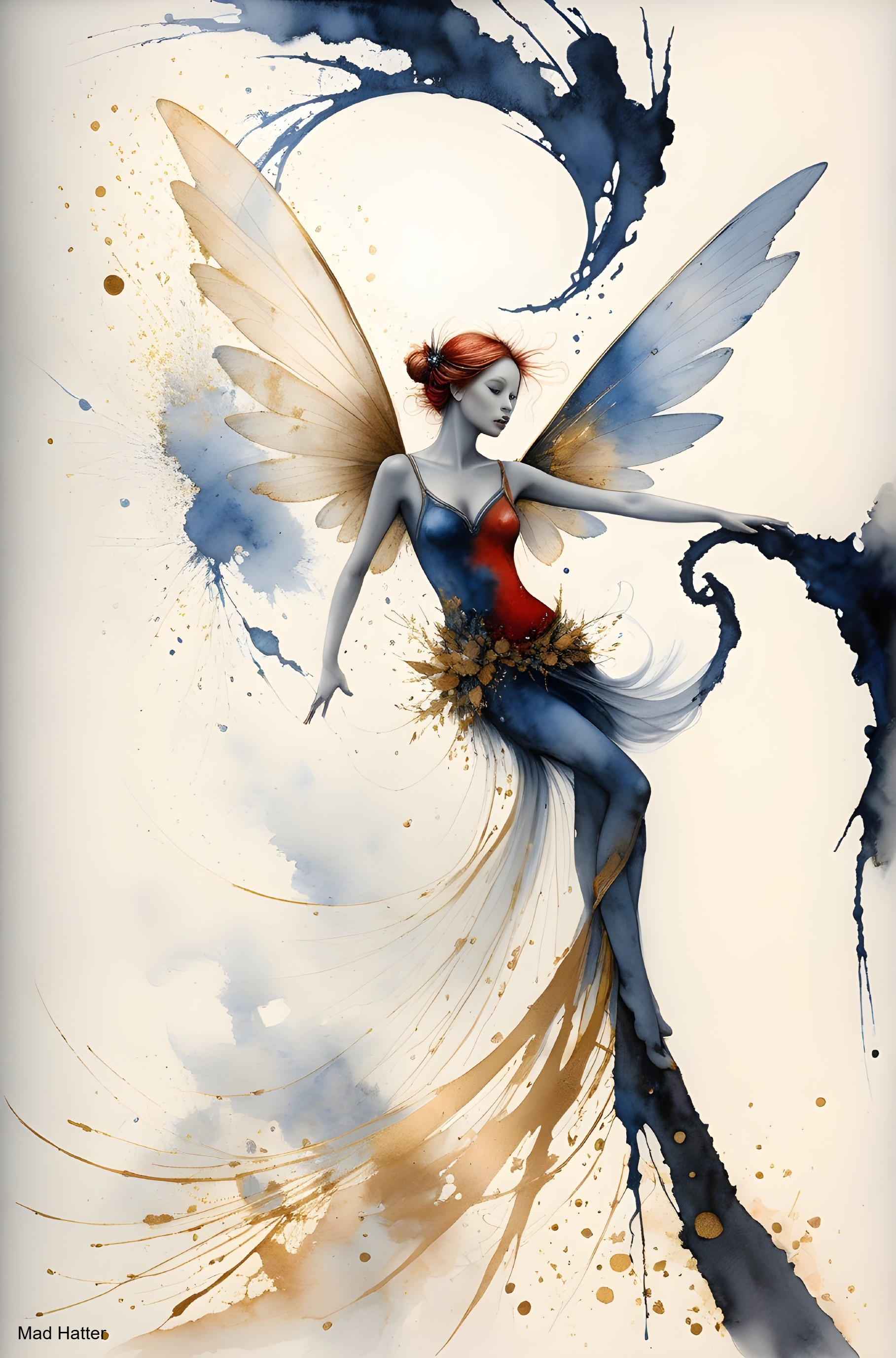 Graceful figure with wings in vibrant red and blue