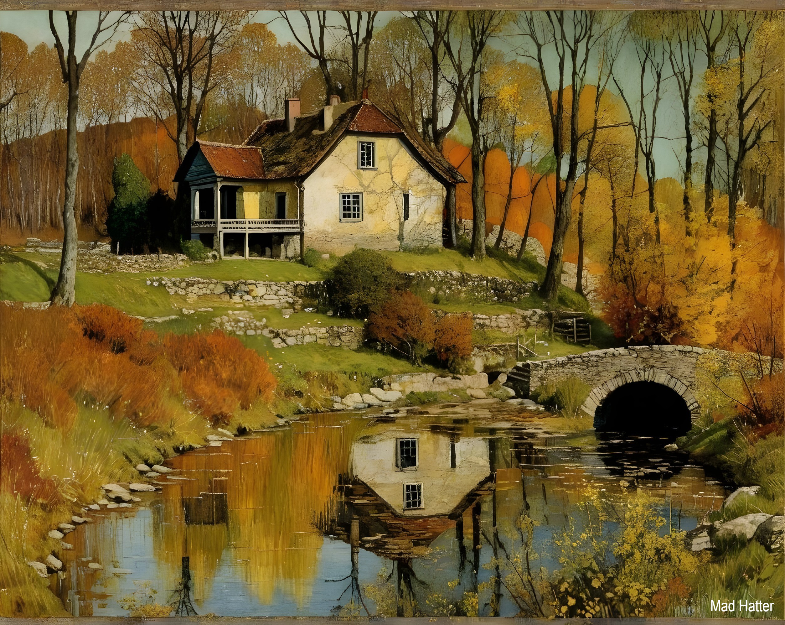 Serene Autumn Landscape with Rustic House and Stream